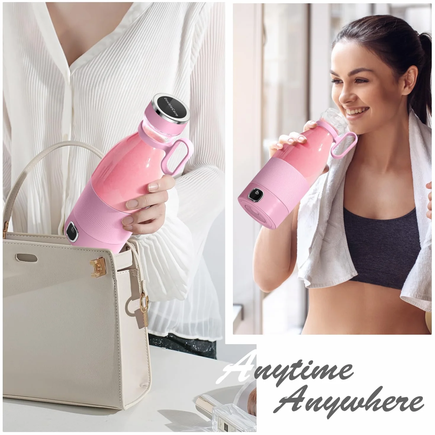 DoubleCare Przenośny blender, 6-ostrzowy elektryczny sokowirówka USB z wyświetlaczem LED, 350 ml mini blender do koktajli i smoothie, akumulator 3000 mAh, do rodzinnych sportów na świeżym powietrzu