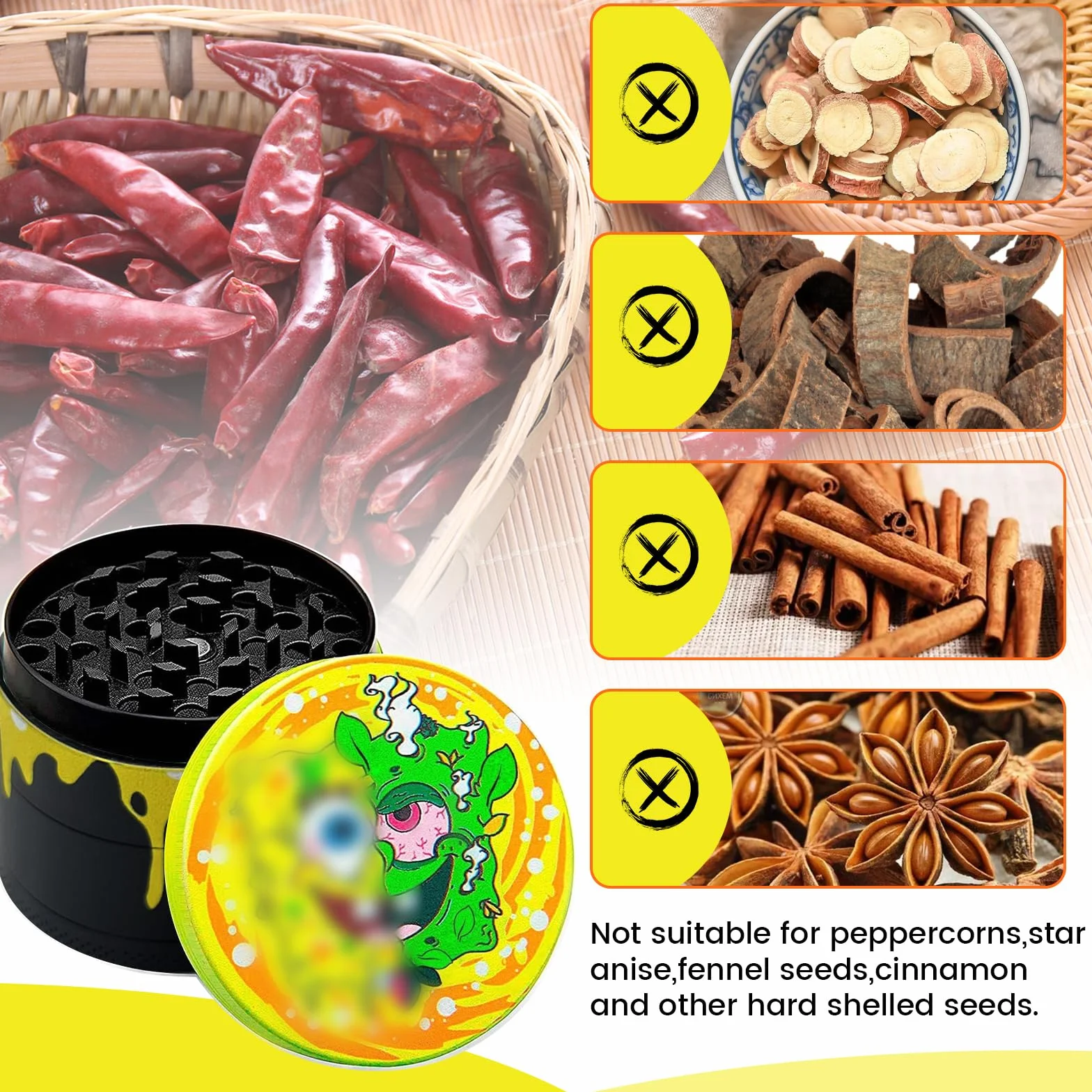 Grinder Crusher 24 zęby, młynek do ziół z metalu, stop cynku, mechanizm mielący ze skrobakiem i plastikową szczotką do przypraw, pyłków do trawy, 4-częściowy zestaw do przypraw
