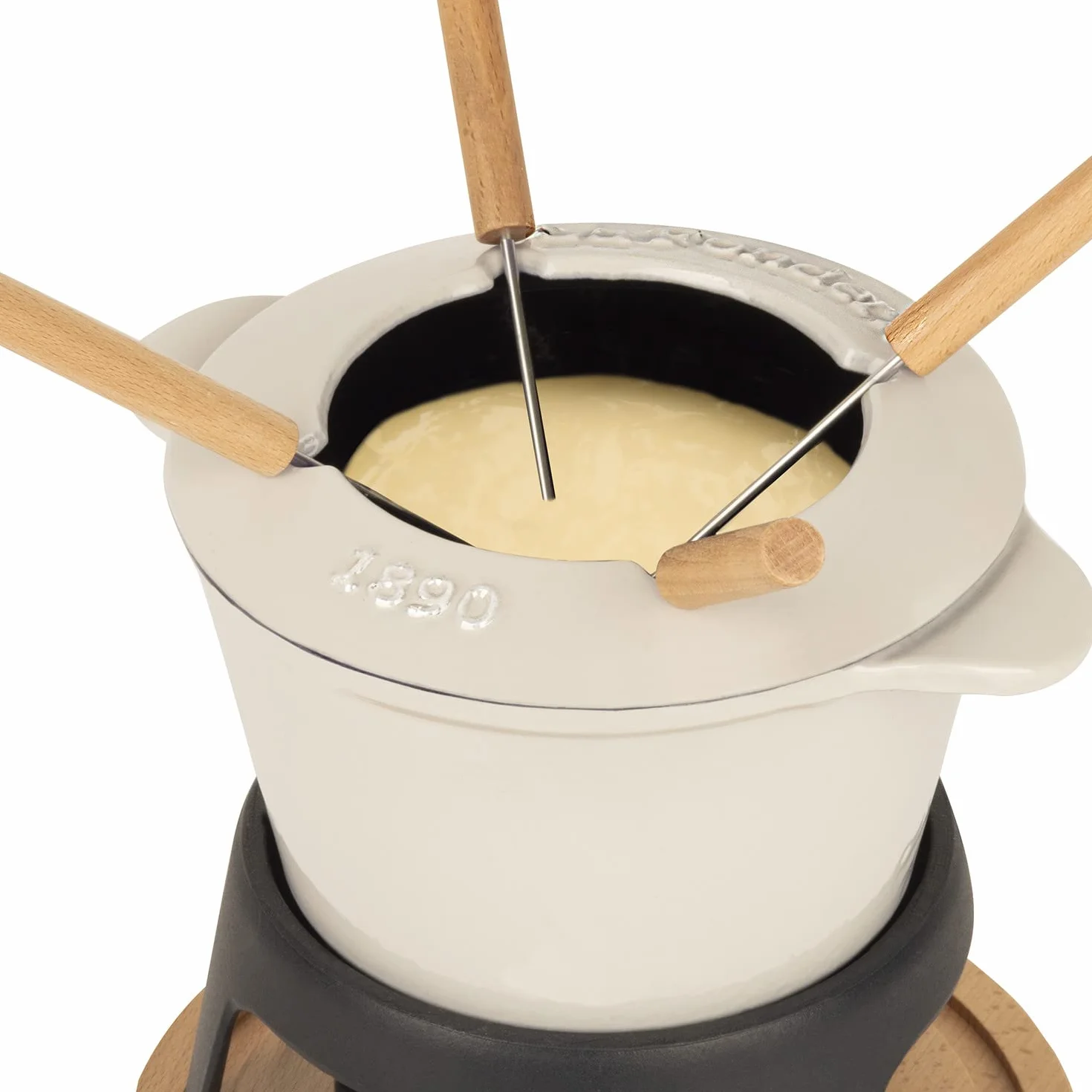 Zestaw żeliwnych Fondue dla 4 osób Mount Joly, do sera i czekolady, pokrywa zapobiegająca rozpryskiwaniu, 4 widelce z uchwytami z drewna bukowego, pojemność 1,2 l