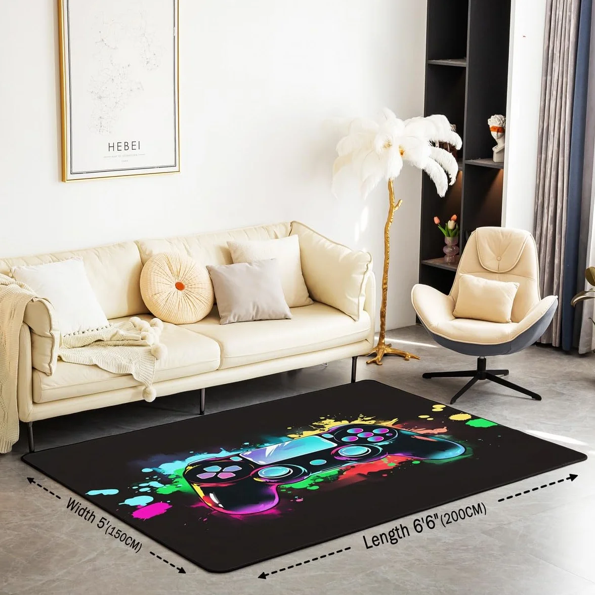 Loussiesd Dywan do salonu dla graczy, 100 x 150 cm, gamingowy dywan akcentujący dla chłopców, dziewcząt, nastolatków, nowoczesny kontroler konsoli do gier, wewnętrzna mata podłogowa, joystick, węgiel,