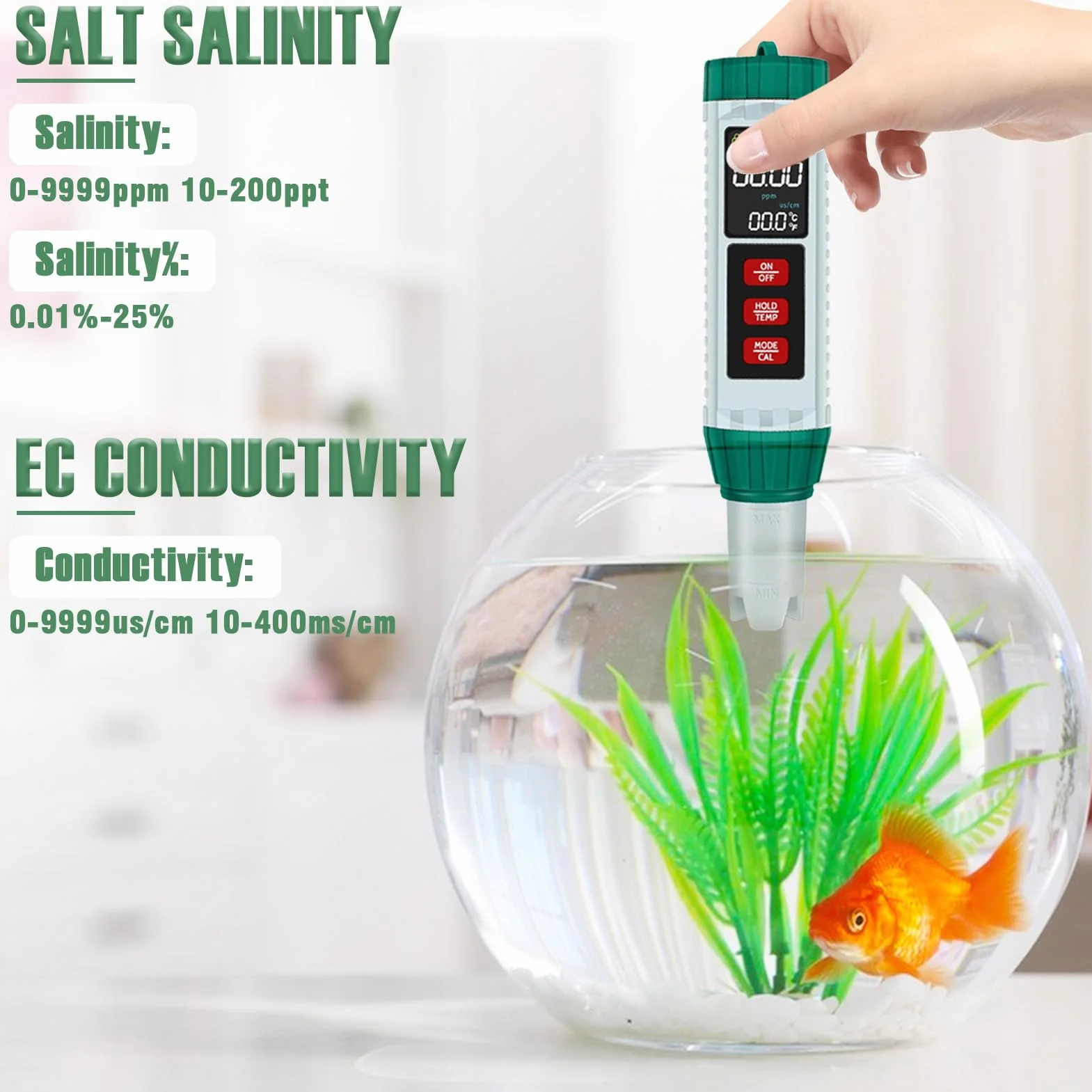 Miernik pH wody, 5 w 1 PH EC TDS zasolenie temperatura, cyfrowy tester basenu o wysokiej precyzji z wyświetlaczem LCD, miernik pH do wody pitnej, basenu, akwariów, hydroponiki i testów płynów