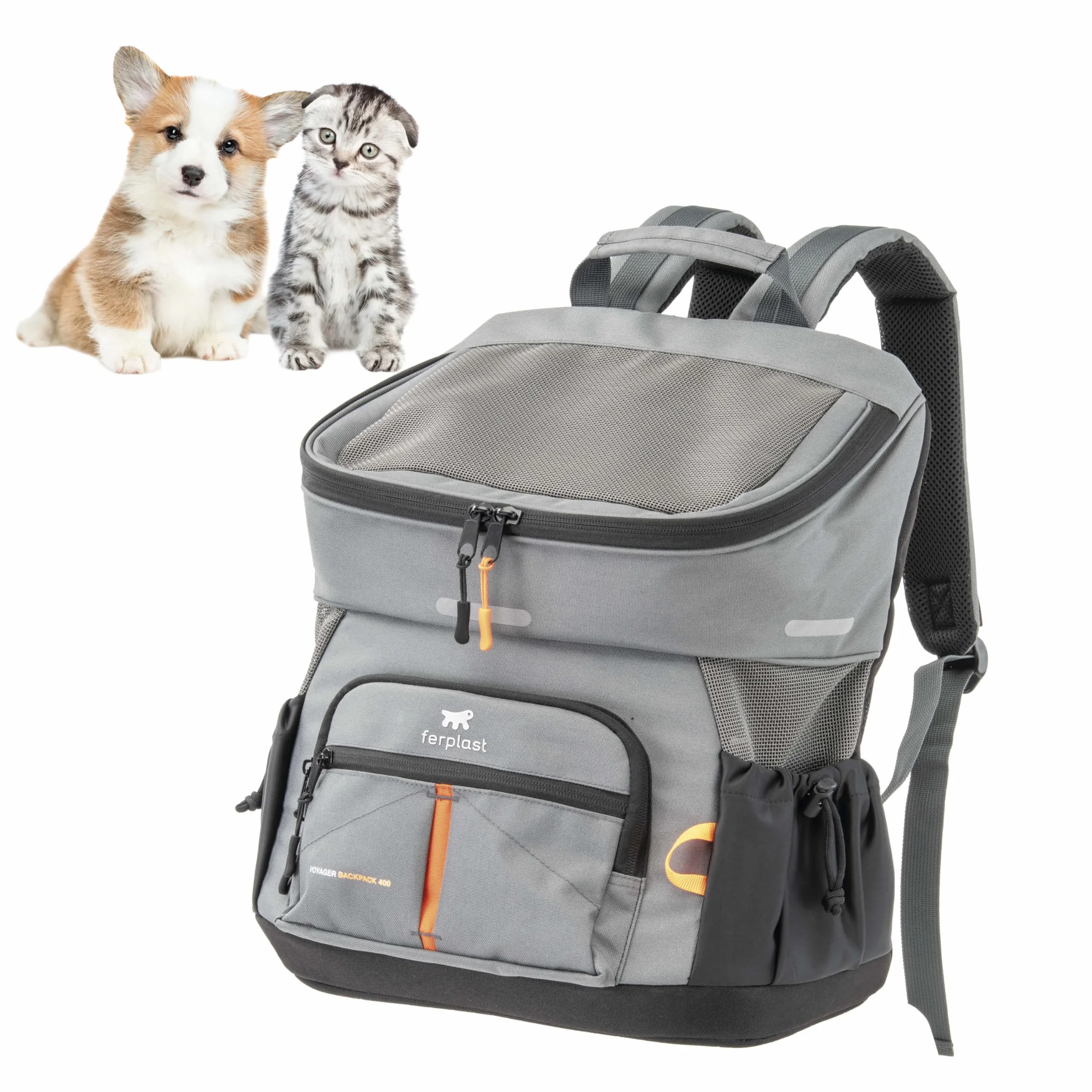 Ferplast Plecak dla psa VOYAGER BACKPACK, torba na zakupy dla kota, torba na psy, szeroki otwór, regulowane paski, pasek bezpieczeństwa, z poduszką, maks. 10 kg, 29 x 21 x 36 h, szary