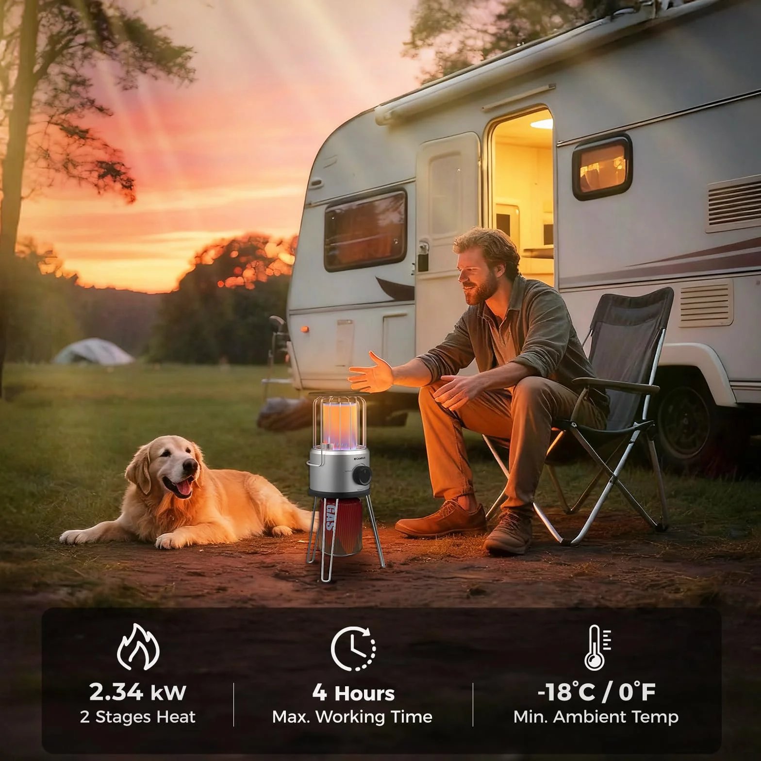CAMPLUX Nano Przenośny Ogrzewacz Gazowy, 2,34 kW, 2 Poziomy, Ogrzewanie 360° na Zewnątrz, Ochrona ODS & Przed Przewróceniem, Idealny do Kempingu, Wędkarstwa & Ogrodu, NanoAir 2