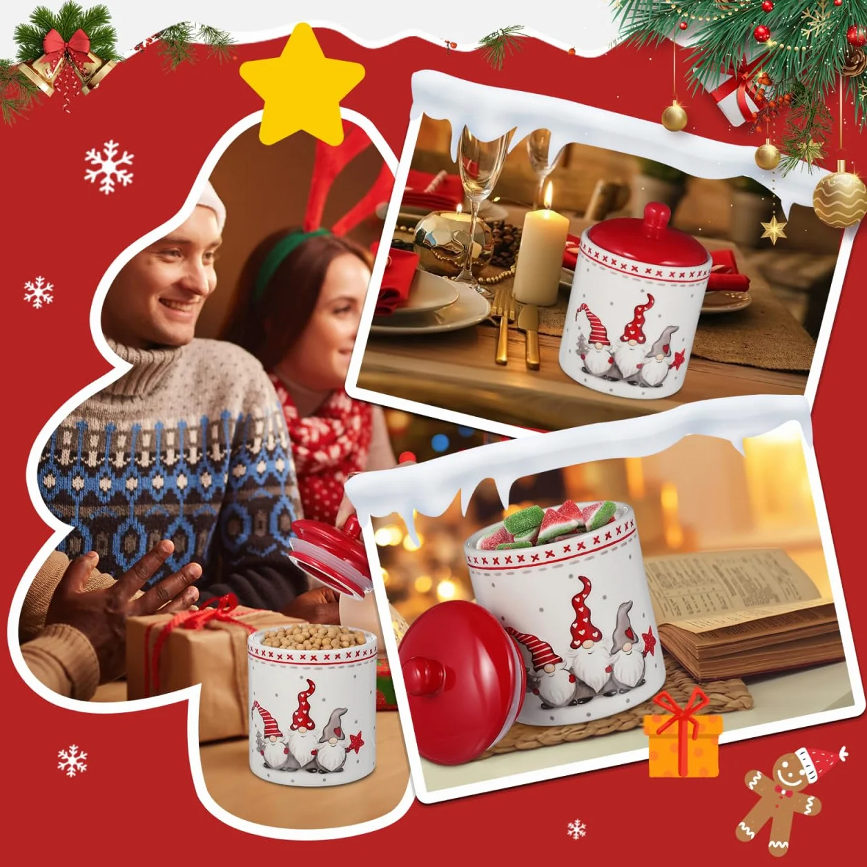 Housoutil Puszka na ciasteczka ceramiczna na Boże Narodzenie, Puszka na ciasteczka na Boże Narodzenie ceramiczna z pokrywką, hermetyczna do przekąsek z płatkami śniadaniowymi i suszonymi owocami