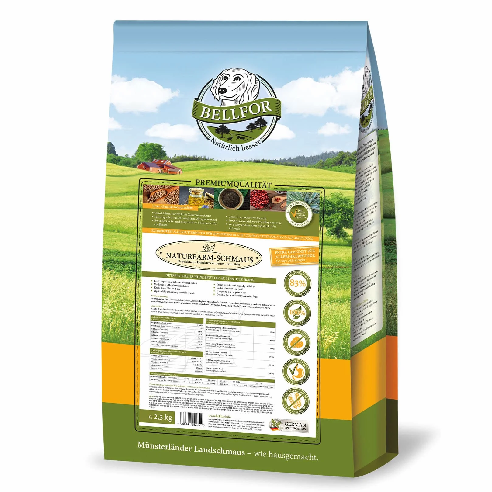 Bellfor Naturfarm-Schmaus hipoalergiczna sucha karma dla psów bez zbóż z owadami 2,5 kg