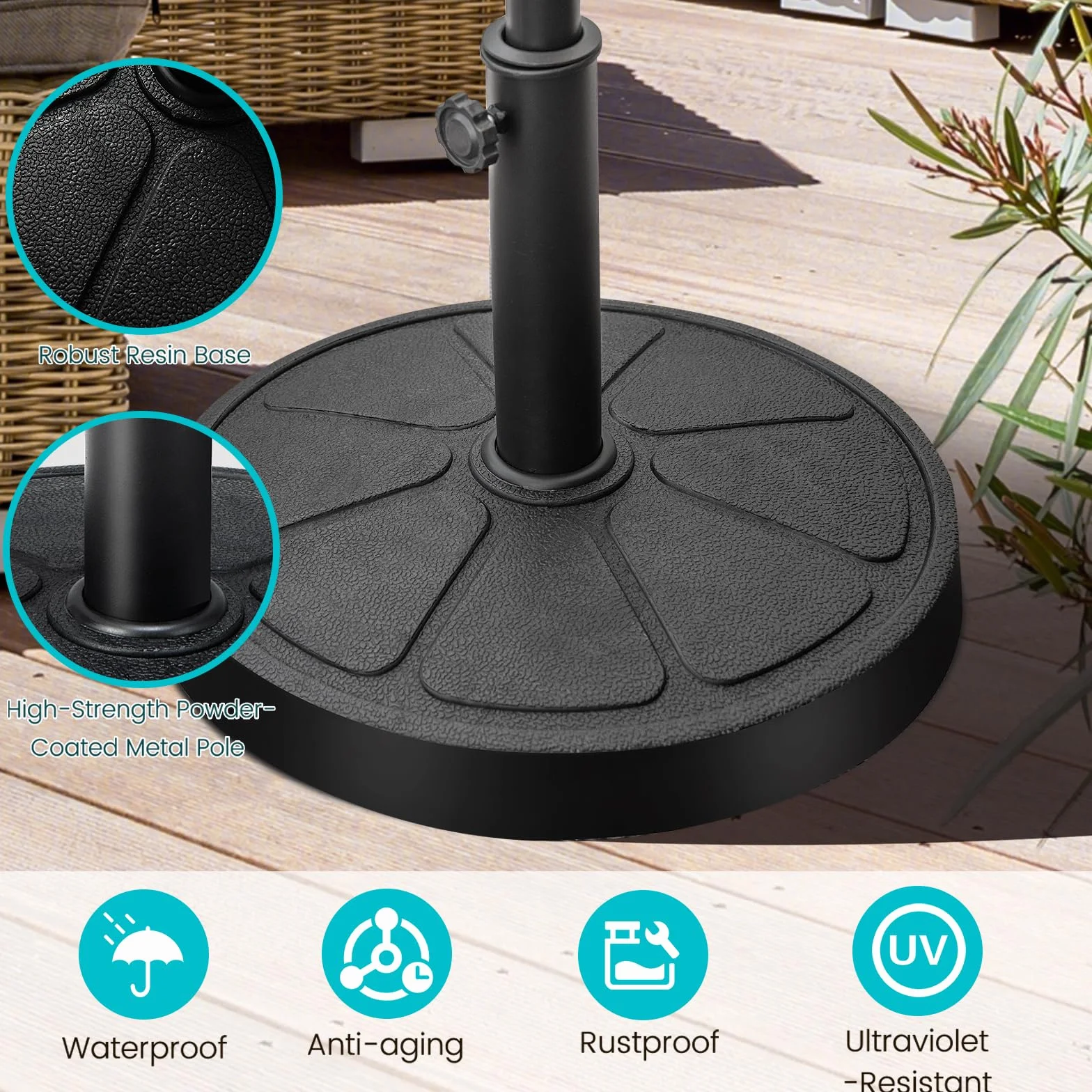 KOMFOTTEU Podstawa parasola z żywicy Φ38/48 mm, uchwyt na parasol ogrodowy na zewnątrz 14/19 kg, stojak na parasol przeciwsłoneczny do ogrodu, na taras, balkon (Φ45 x 35 cm, 14 kg)