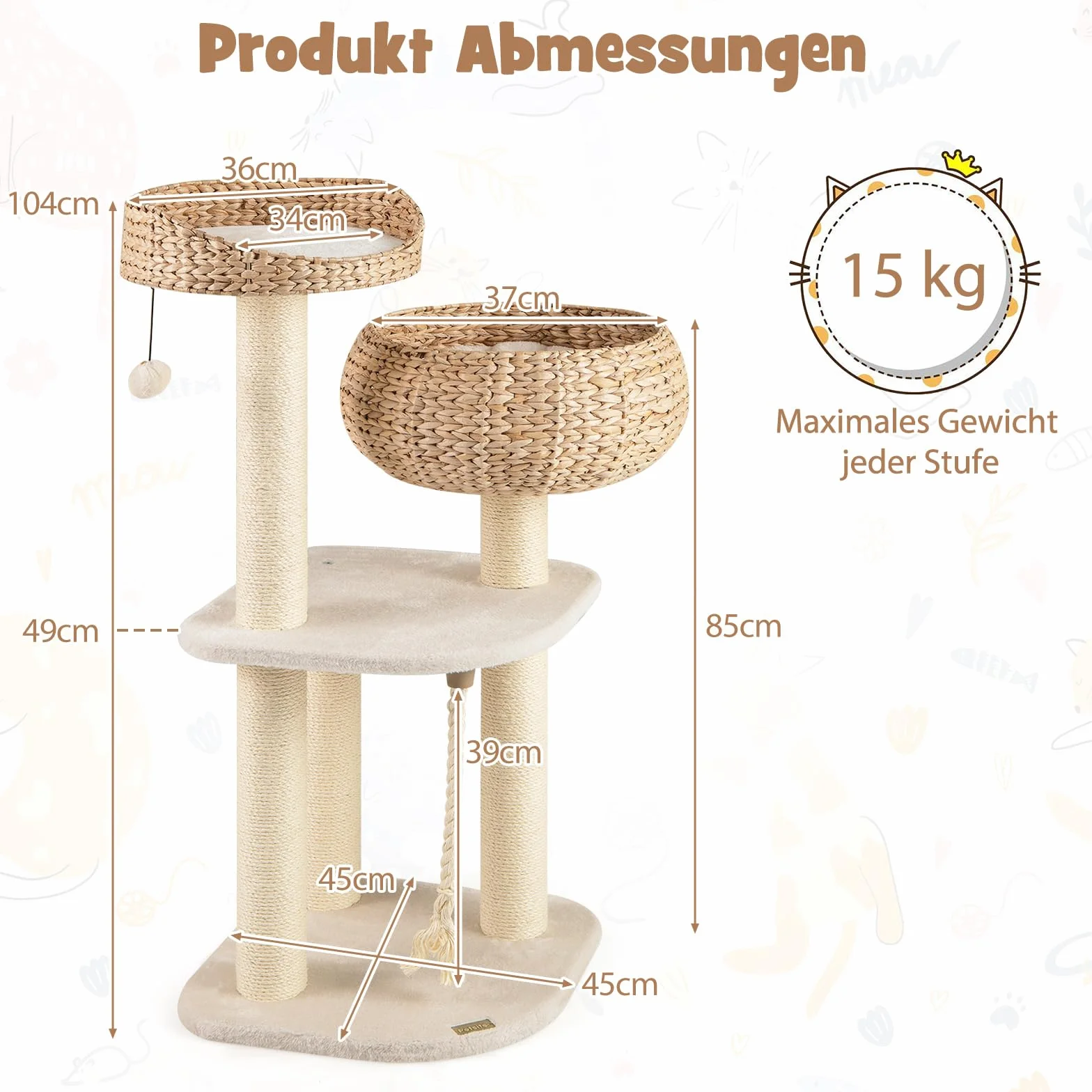 COSTWAY Drapak dla kota 104 cm z koszem i słupkami sizalowymi