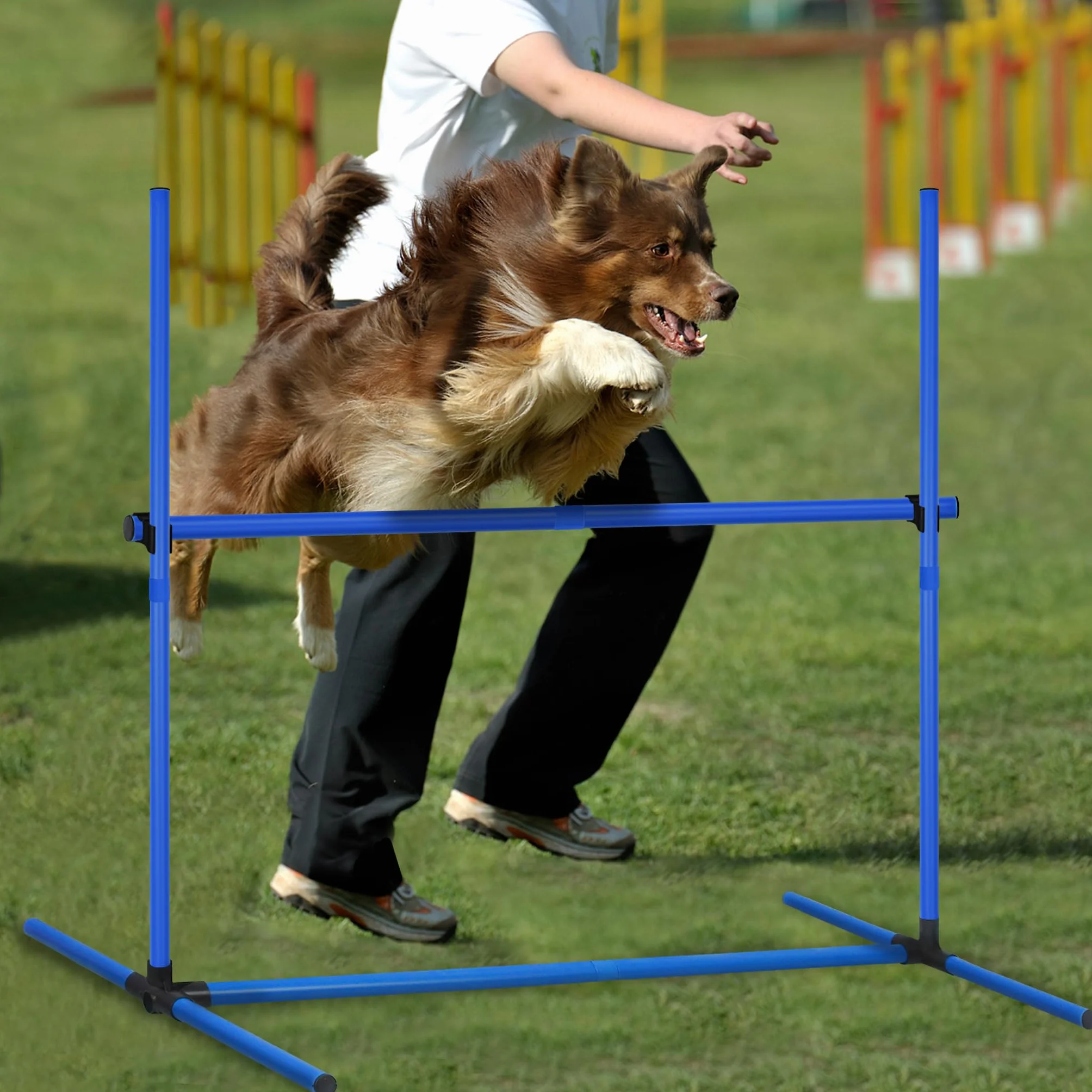 YUENFONG Agility zestaw płotków dla psów, drążki do treningu slalomu, 4 x zestaw płot, z regulacją wysokości, wyposażenie do uprawiania sportów psów, 104 x 70 x 101 cm, niebieski