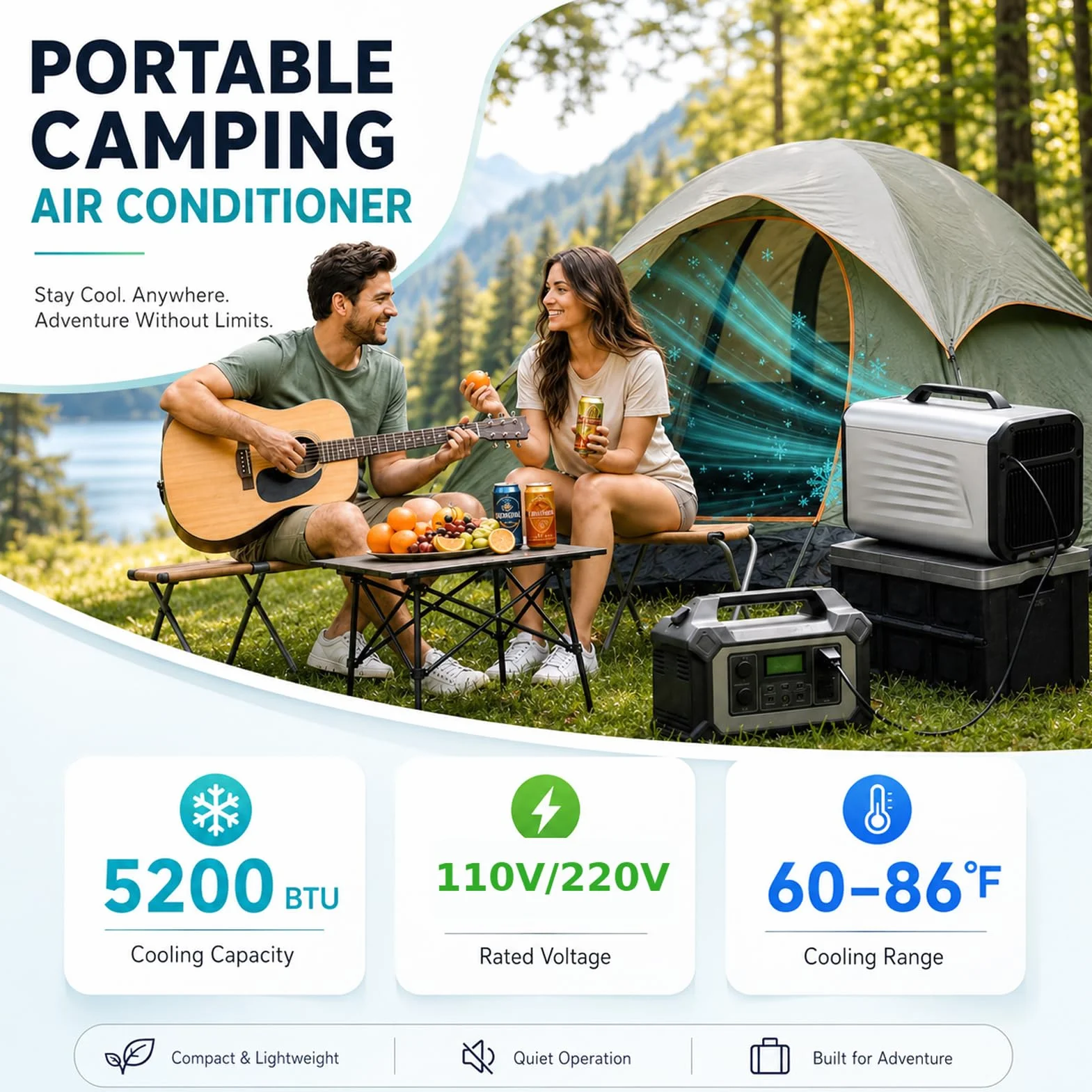 Przenośny klimatyzator 5200 BTU, 400 W, cichy klimatyzator kempingowy ze sprężarką, osuszacz powietrza w trybie nocnym, do namiotu, kampera, furgonetki i małych pomieszczeń