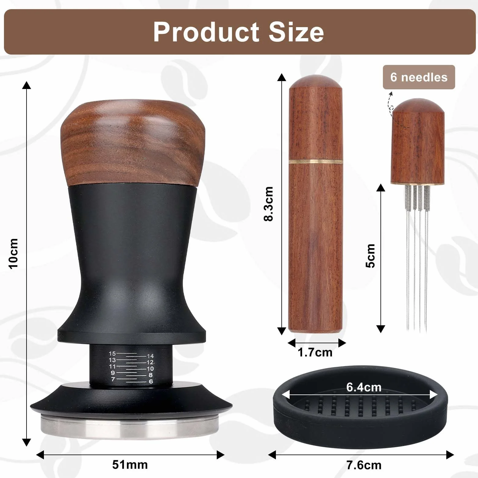 Zestaw Espresso 51 mm 3 w 1, tamper 51 mm z drewnianym uchwytem | Kompletny zestaw: Tamper 51mm, WDT, silikonowa mata do domowej kawy