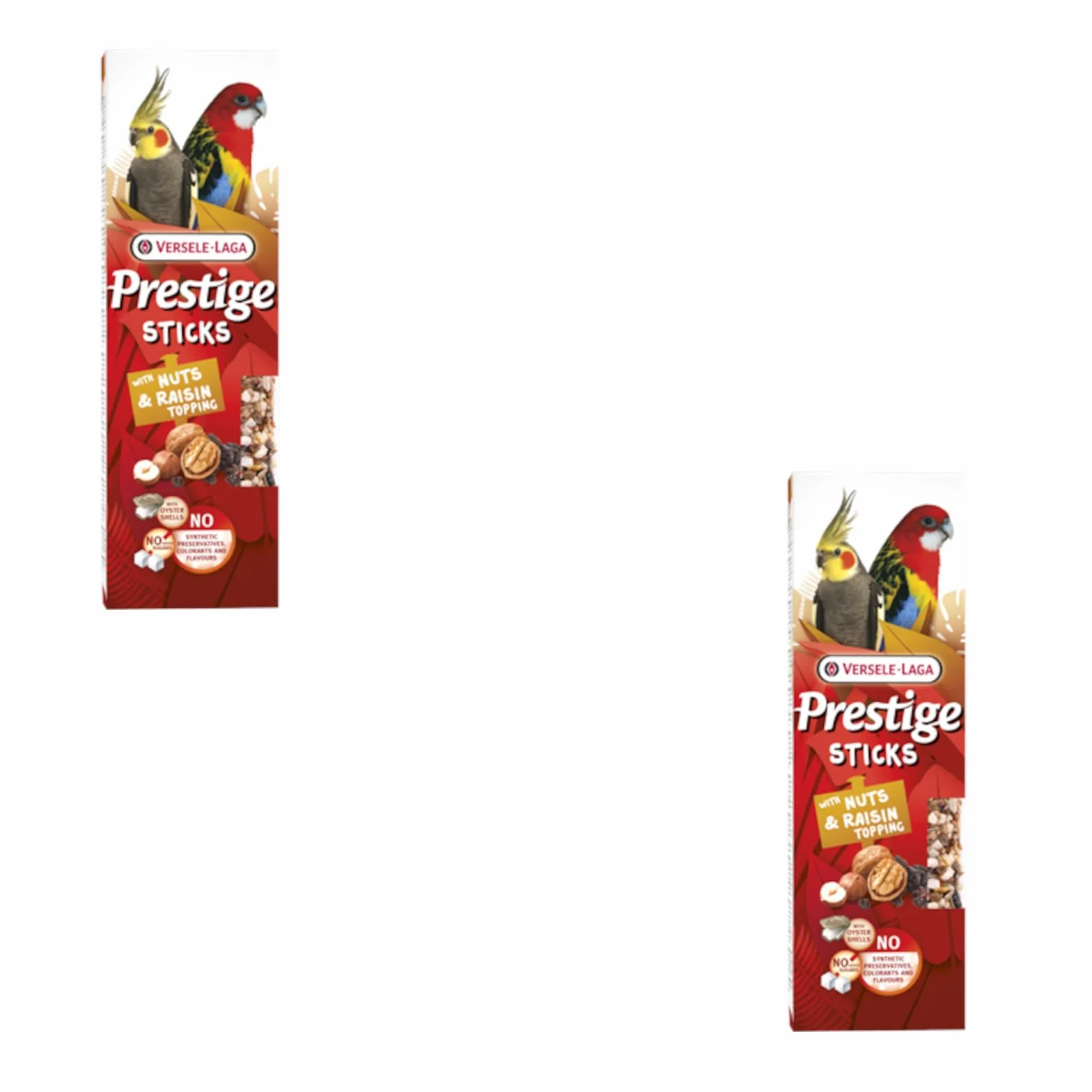 Versele-Laga Prestige Sticks duże papużki z orzechami i topping z rodzynkami, dwupak, 2 x 140 g, przekąska dla dużych papużek, bez dodatku cukru i syntetycznych środków konserwujących