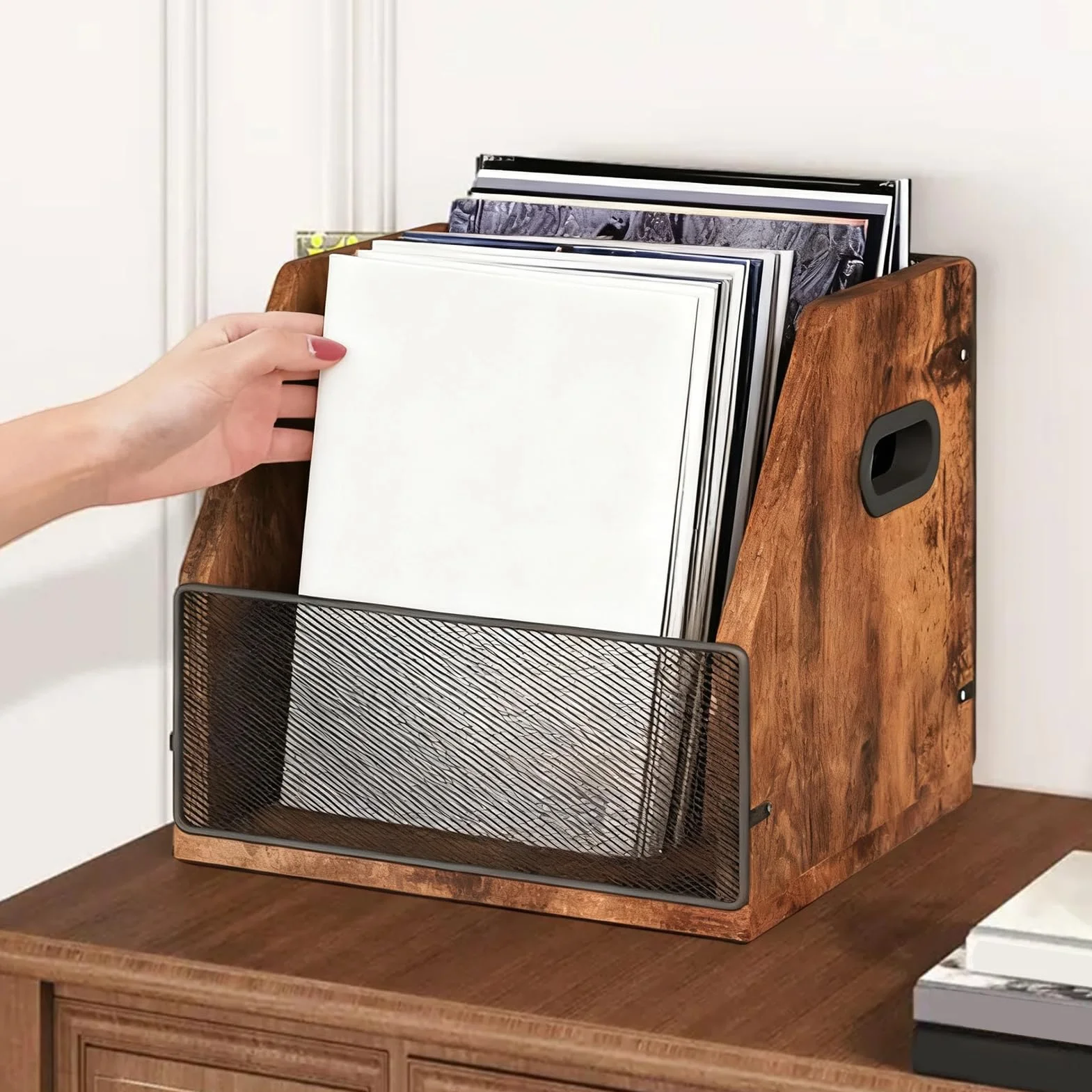 Organizer na Płyty Drewniany Retro Organizer do Albumów | Pudełko Ekspozycyjne na Płyty Dla Miłośników Muzyki i Kolekcjonerów do Salonu Sypialni