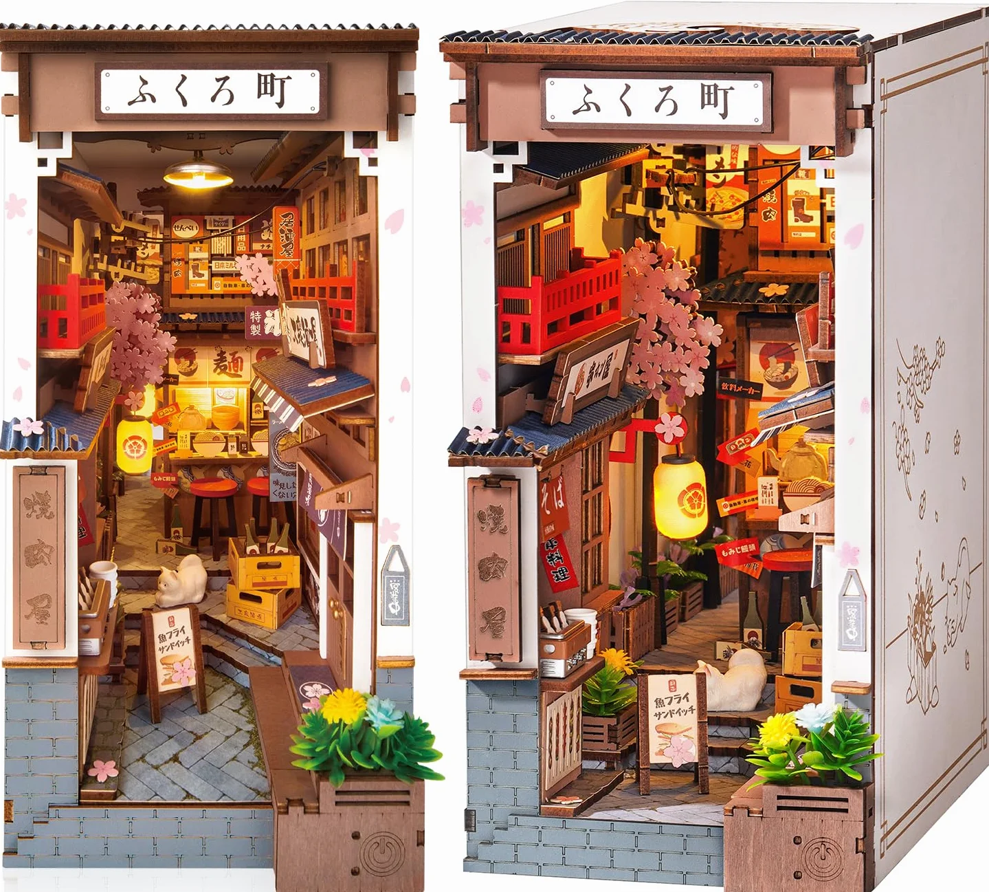 ROBOTIME Zestawy do zakamarków dla dorosłych Sakura Wine Alley, DIY Booknook ze światłami, zestaw do samodzielnego wykonania miniaturowy domek dla lalek, drewniane puzzle, podpórka na książki
