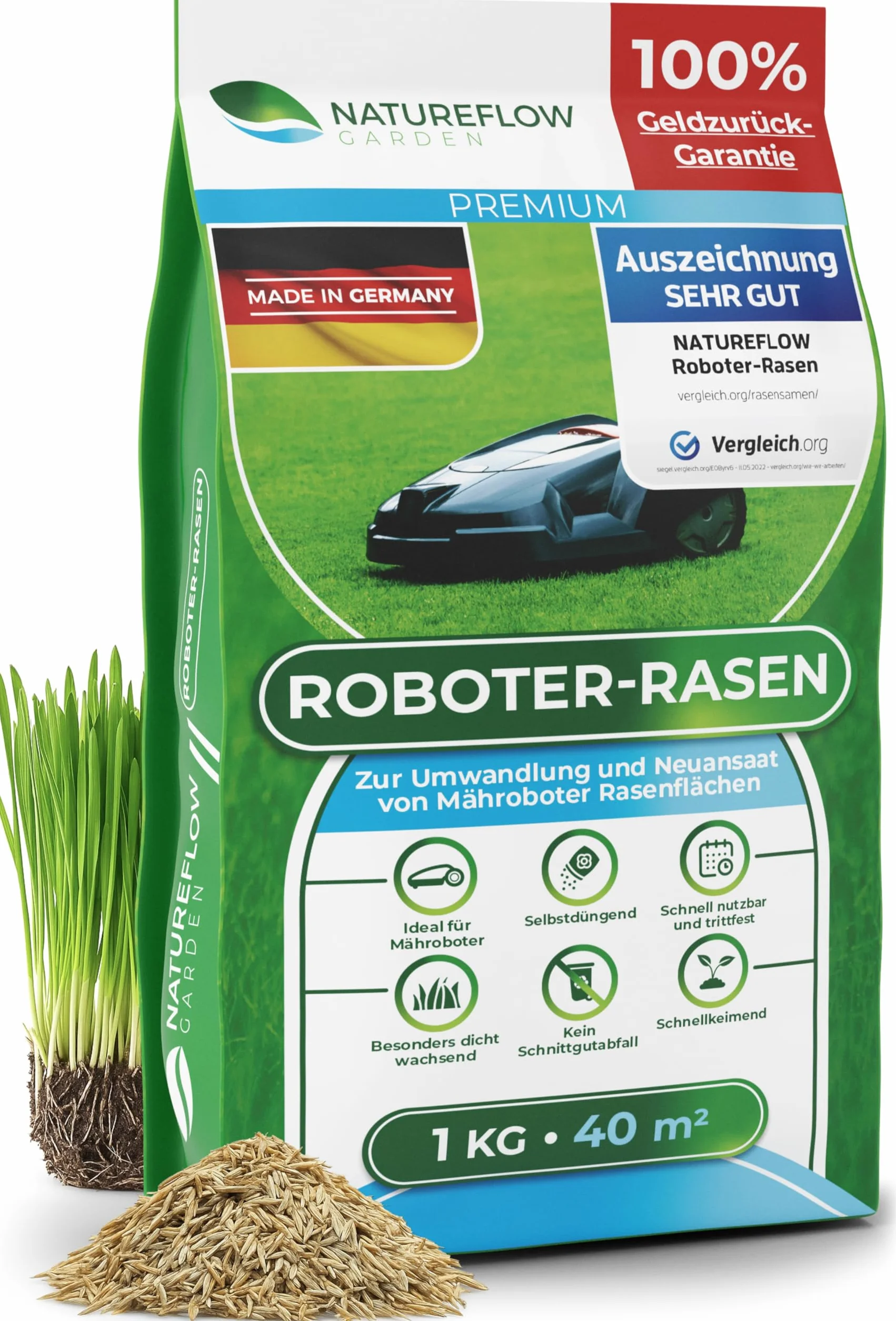 Nasiona trawy automatycznej szybko kiełkujące, 1 kg, test bardzo dobry, wyprodukowano w Niemczech, do łatwego w pielęgnacji ogrodu z nasionami trawników Natureflow
