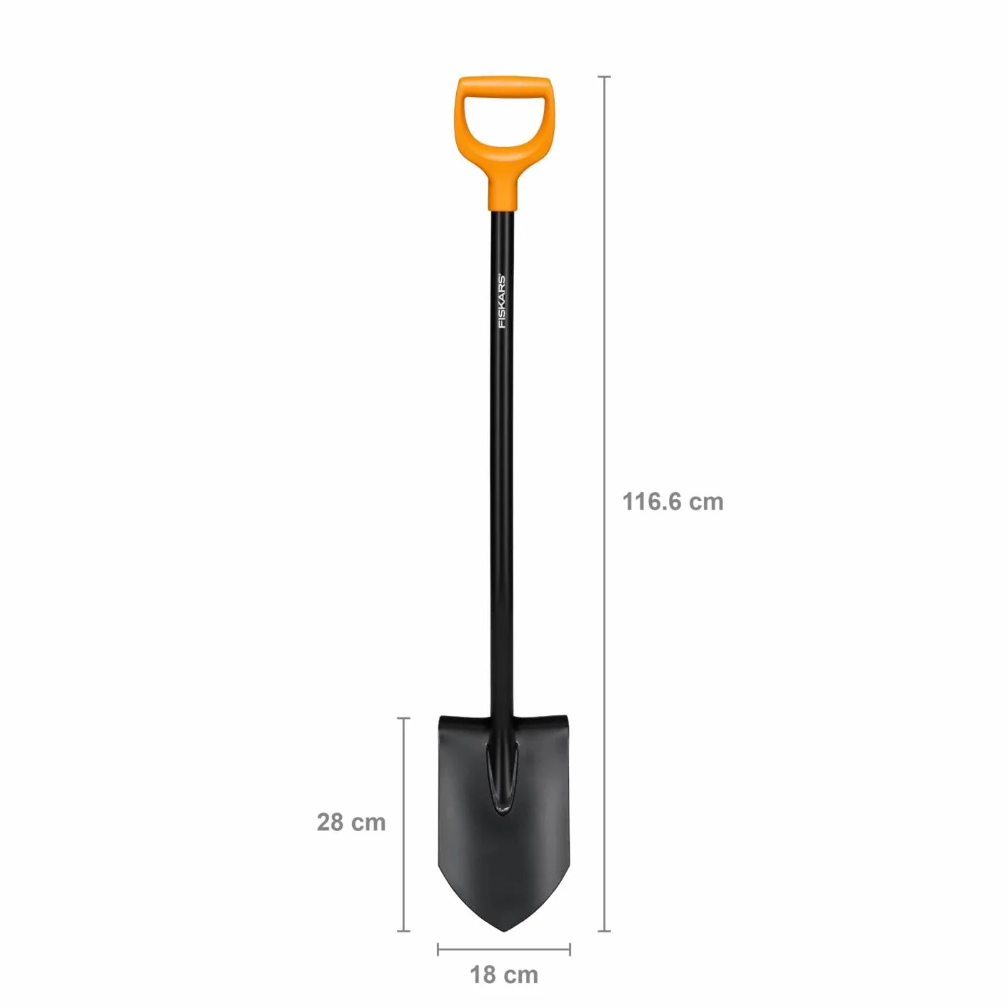 Fiskars Szpadel ogrodowy do ogólnych prac związanych z kopaniem i cięciem torfu lub korzeni, szpiczasty, długość: 116 cm, głowica i trzonek wykonane z metalu/plastikowy uchwyt, Solid, 1066716