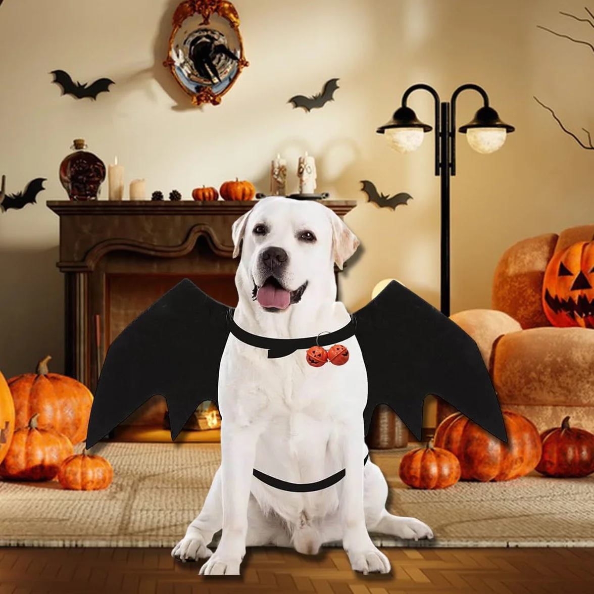 Kostium dla psa nietoperza Halloween, czarne filcowe skrzydła, regulowane z dzwonkiem dyniowym