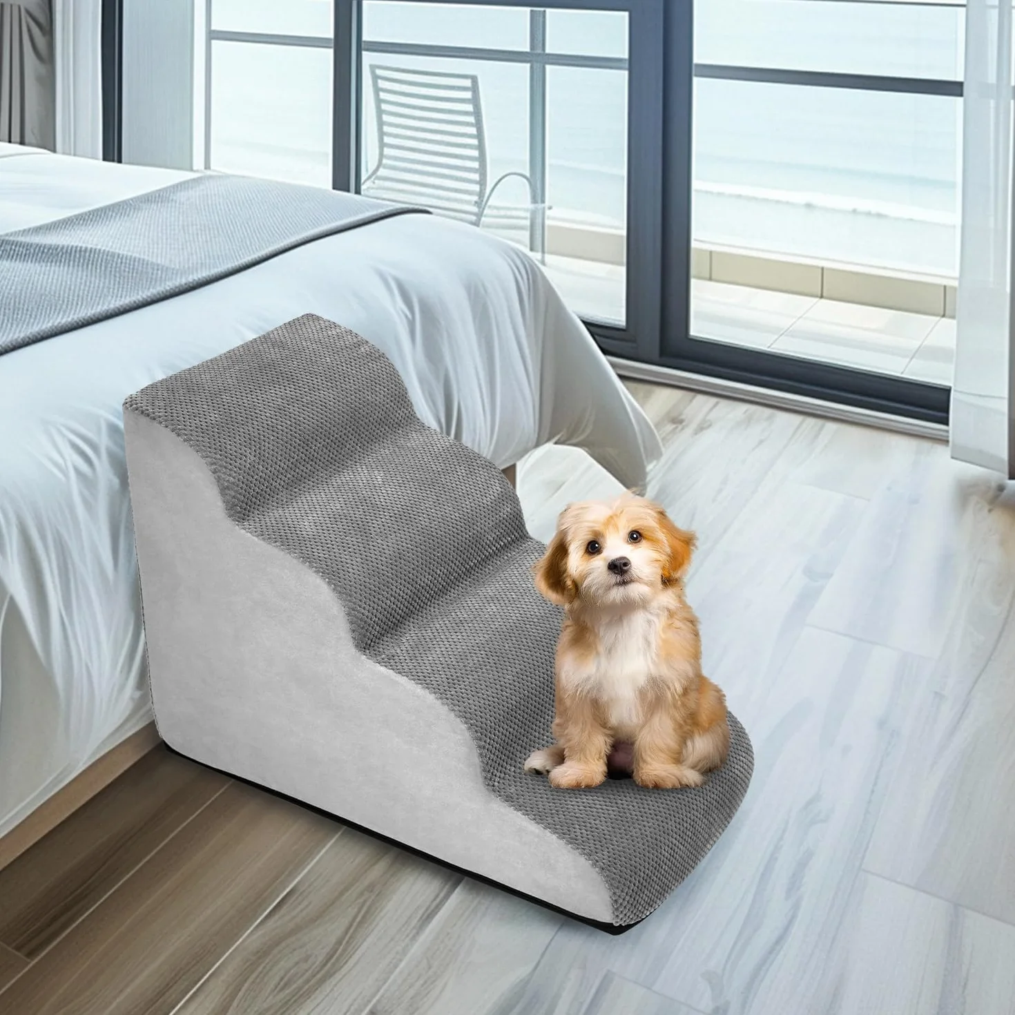 QWORK Schody dla psów 4 stopnie 74 x 40 x 52 cm z pianki z pamięcią kształtu