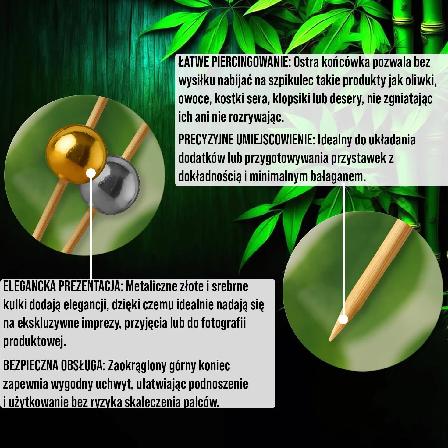 120 Sztuk Bambusowych Wykałaczek z Złotymi i Srebrnymi Perłami - 12 cm Kuliste Wykałaczki do Przekąsek i Napojów - Eleganckie Drewniane Wykałaczki na Deski, Imprezy i Wydarzenia - od Mobi Lock