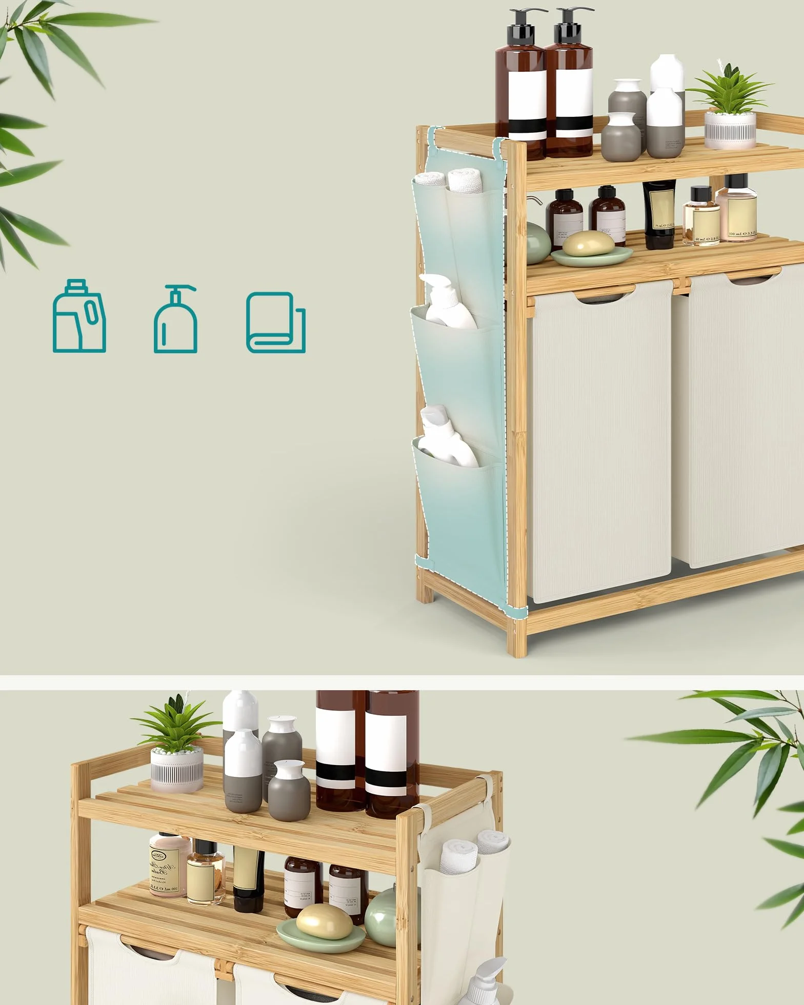 SONGMICS Kosz na pranie z 2 przegródkami, kosz na pranie, pojemność do 100 l, z półką, workiem na pranie, kieszeniami bocznymi, 2 x 50 l, 63 x 33 x 98 cm, kremowo-biały RLH200W01