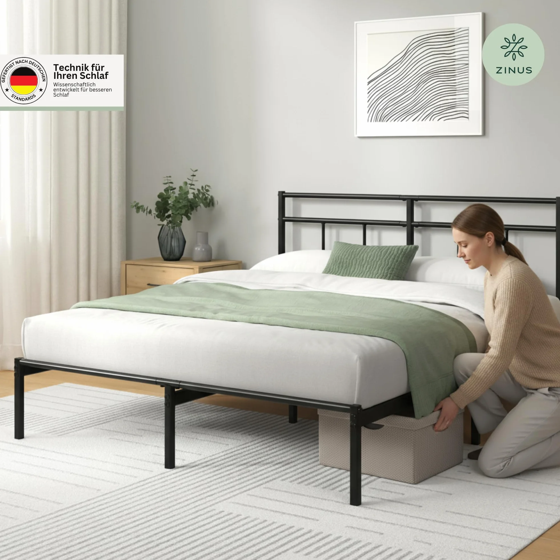Zinus Elias Łóżko 200 x 140 cm – 30 cm wysokości – metalowa rama łóżka z zagłówkiem – metalowe łóżko ze stelażem – nie wymaga łóżka kontynentalnego, wolna przestrzeń pod łóżkiem, nowoczesne