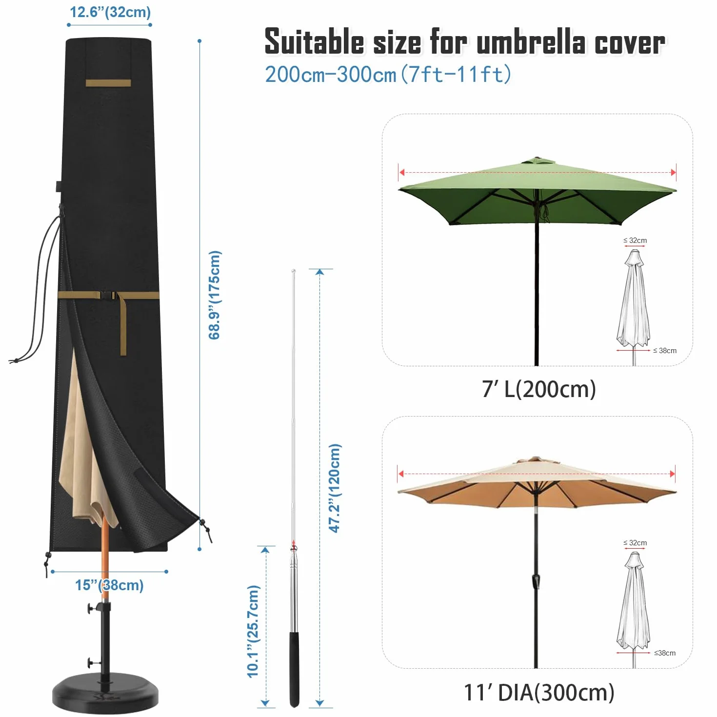 VANSHEIM Pokrowiec na Parasol Ogrodowy i Plażowy - Wodoodporny, Zewnętrzny, 3 Metry, Anty UV, Tkanina Oxford