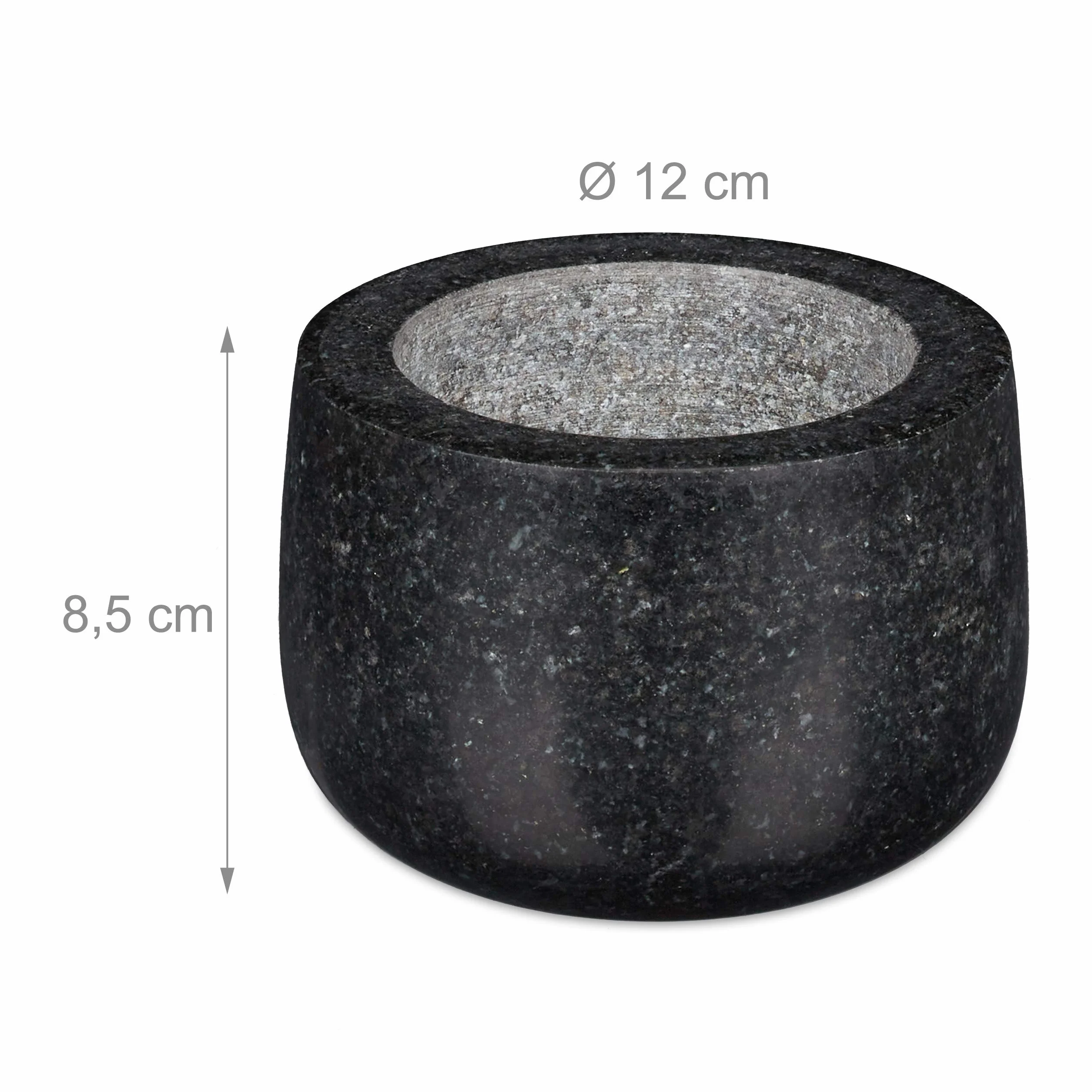 Relaxdays Moździerz granitowy z tłuczkiem, wytrzymały i trwały, przyprawy, zioła, polerowany kamienny moździerz, Ø 12 cm, 300 ml, czarny