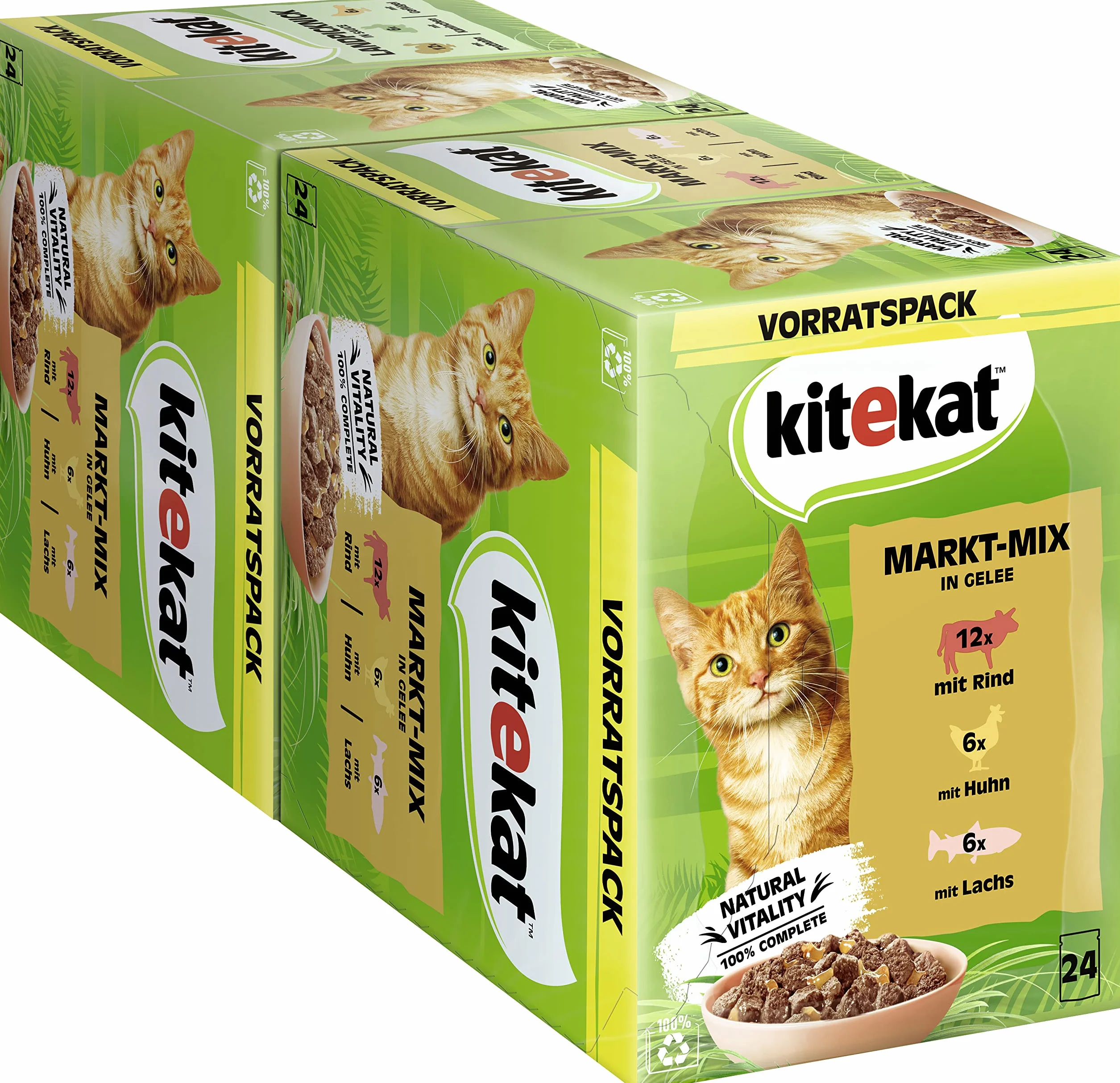Kitekat Karma dla kotów, mieszanka markt-markt-markt-galaretka, mokra karma w 48 woreczkach porcjowanych, 2 sztuki w opakowaniu (2 x 24 torebki po 85 g)
