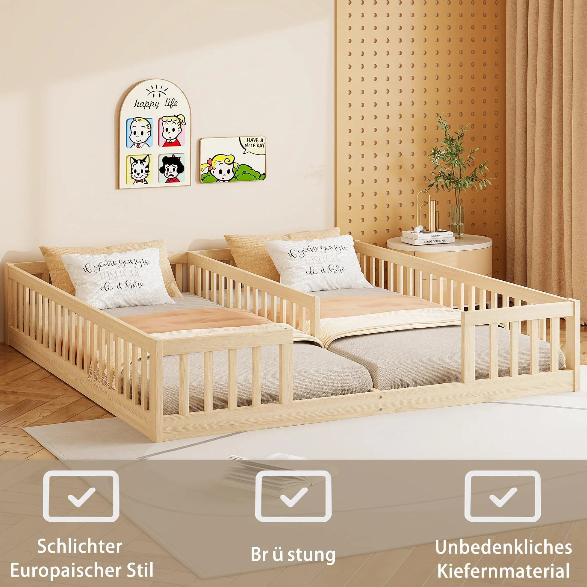 Łóżko dziecięce, łóżko piętrowe, 90 x 200 cm, z kratką zabezpieczającą, łóżko młodzieżowe z drewna sosnowego, dla rodzin z 2 dziećmi, łóżko podwójne ze stelażem, kolor naturalny