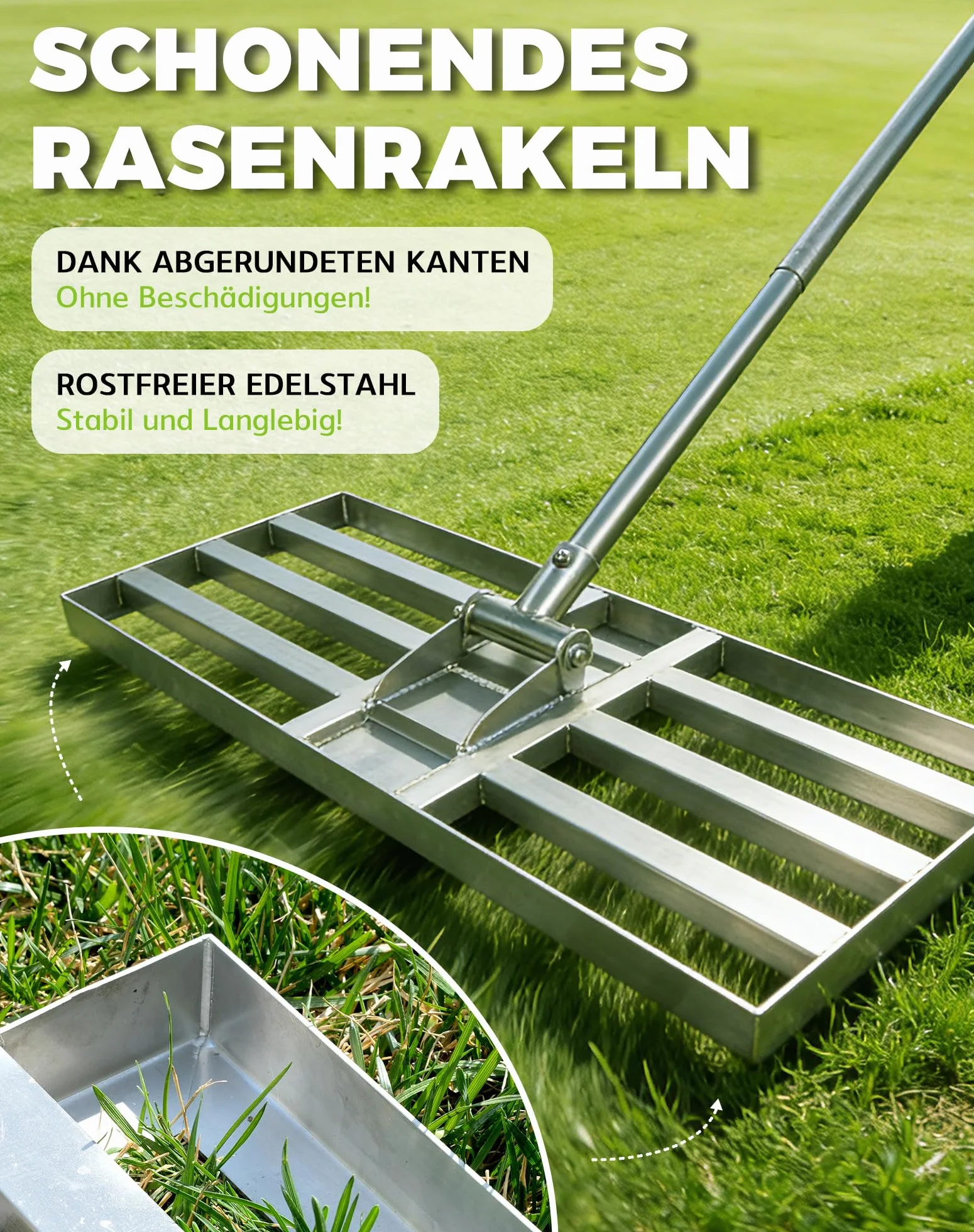[80 x 30 cm] rakiel do trawy [215 cm] długi trzonek rakiel do niwelowania trawnika, grabie do trawy, ze stali nierdzewnej, do wyrównywania piasku, ziemi, z zaokrąglonymi krawędziami i systemem