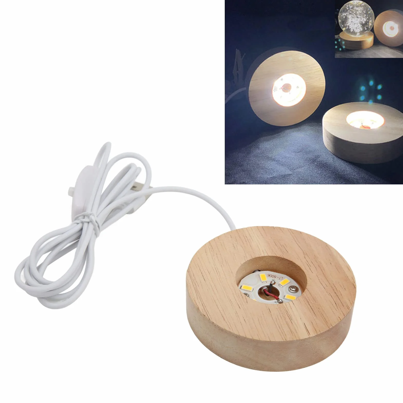 Podstawa do wyświetlacza LED, luksusowa drewniana podstawa LED z zasilaniem USB, średnica 8 cm, solidne dębowe drewno do prezentacji kryształów, szkła artystycznego i biżuterii