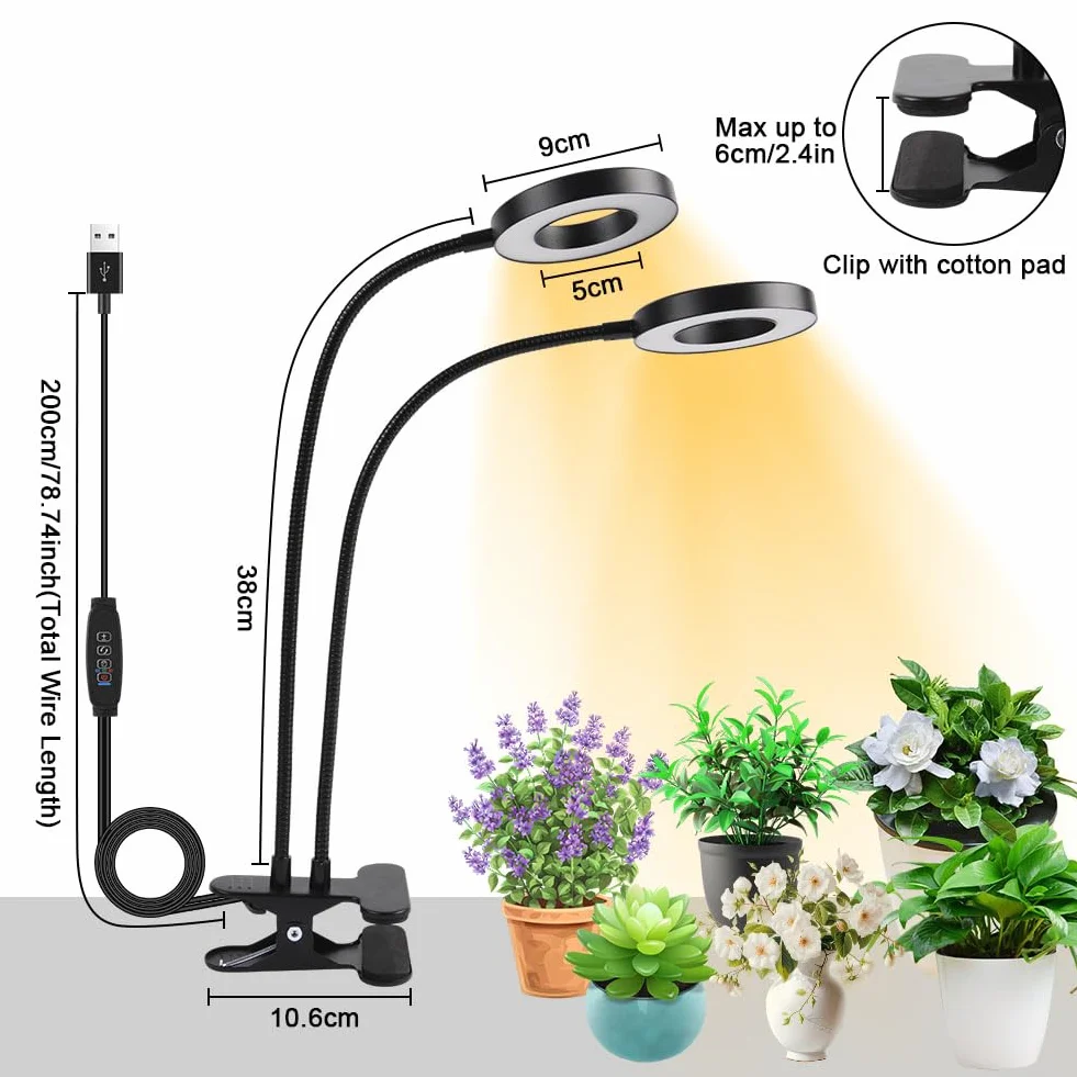 Lampy do uprawy roślín, podwójna głowica 96 diod LED, z timerem i klipsem, 3 kolory, 360° uprawa, balkonów, szklarni