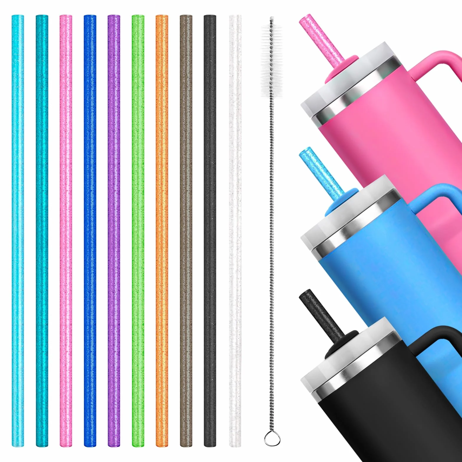 AUAUY 10 sztuk kolorowych słomek zamiennych do Stanley 40 oz 30 oz Tumbler, słomki do tumblerów z szczotką do czyszczenia, wielokrotnego użytku brokatowe słomki do akcesoriów Stanley Cup