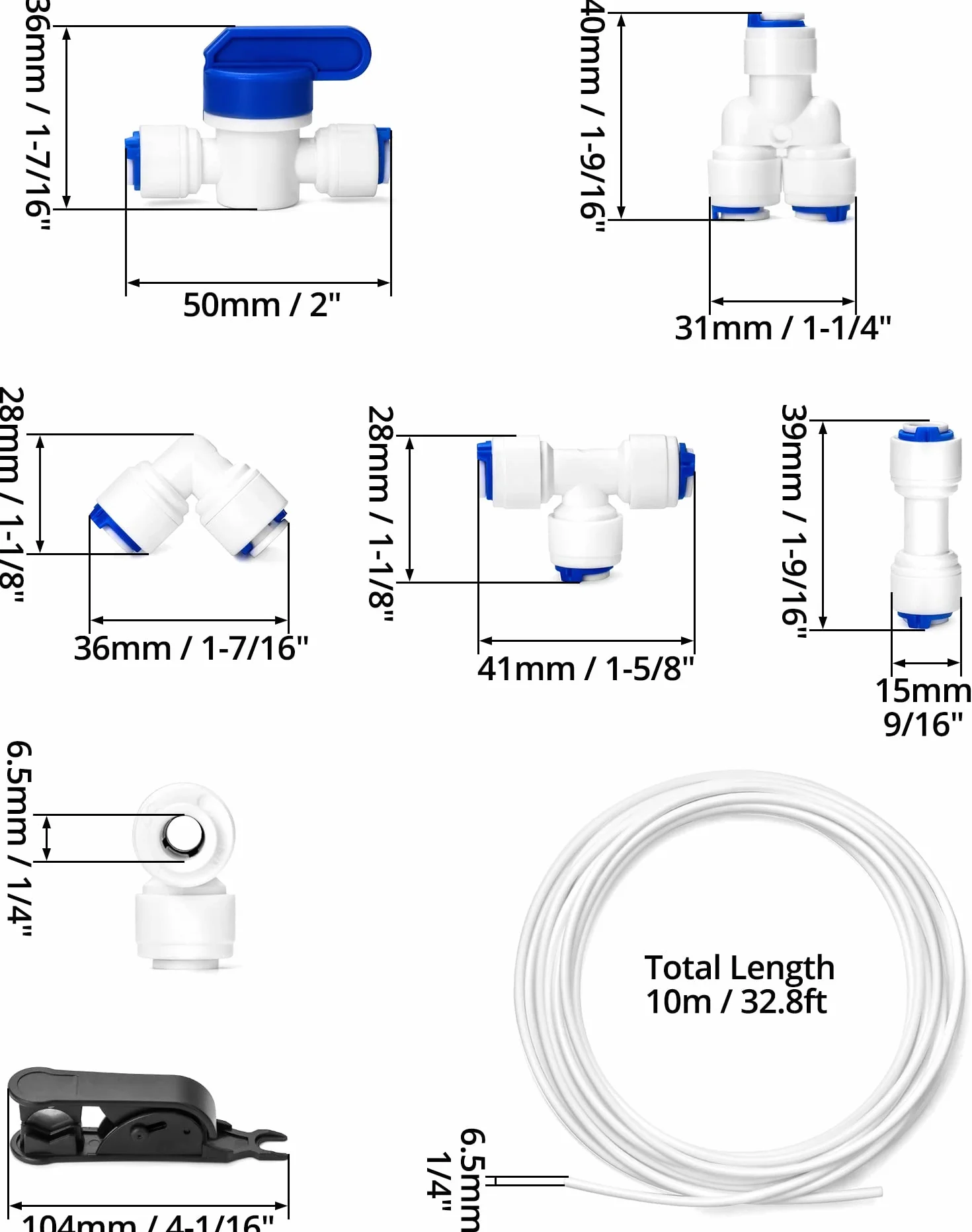 QWORK® 10m 6.35mm (1/4 ") Uniwersalny zestaw przyłączeniowy do rury wlotowej wody (Y + T + I + L typu Combo + zawór odcinający) z przecinakiem do węża, odpowiedni do większości zamrażarek
