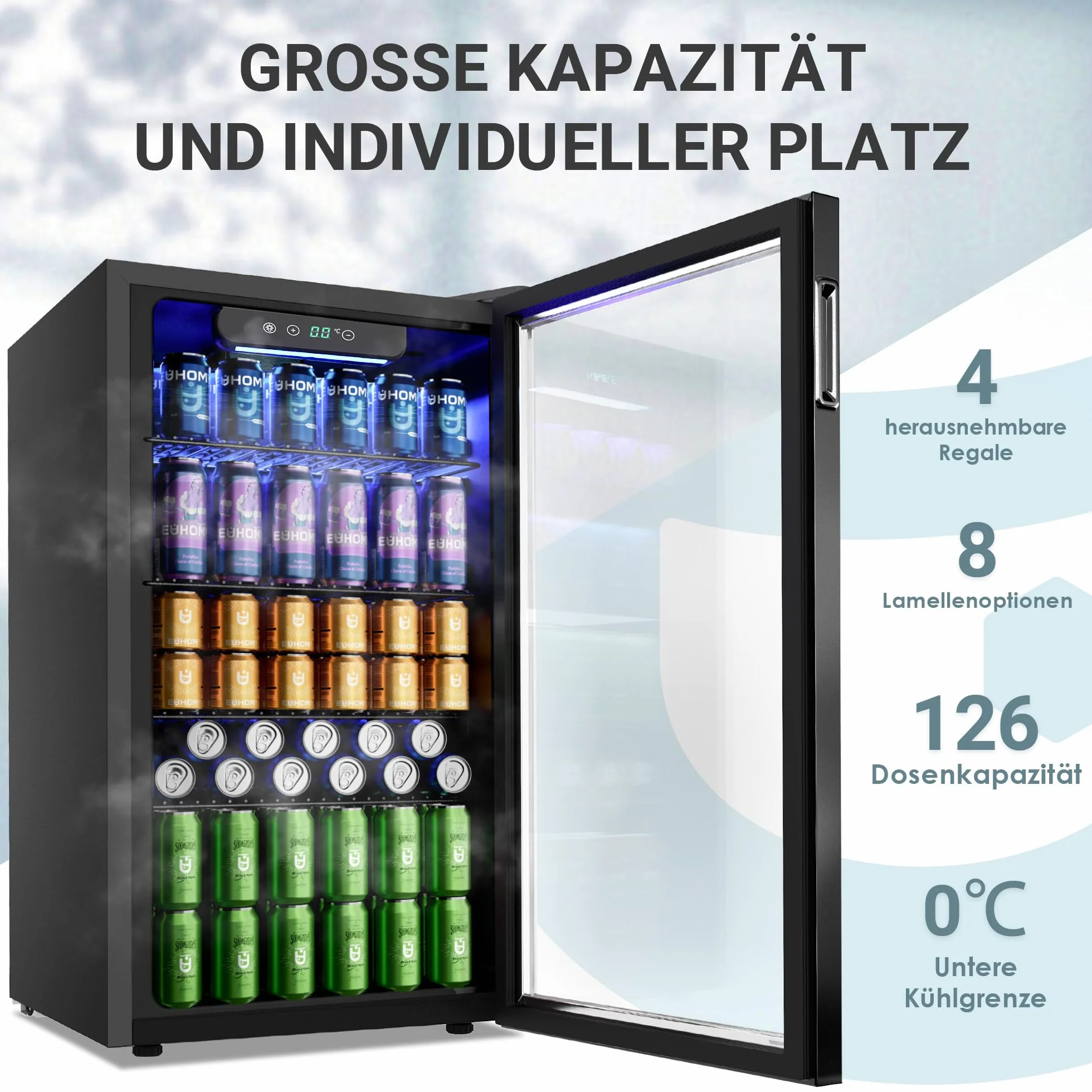 EUHOMY Lodówka na napoje, mini lodówka na 126 puszek ze szklanymi drzwiami, mała lodówka z regulowanymi półkami na lemoniadę, piwo lub wino, do domu/baru/biura, czarna, stal nierdzewna