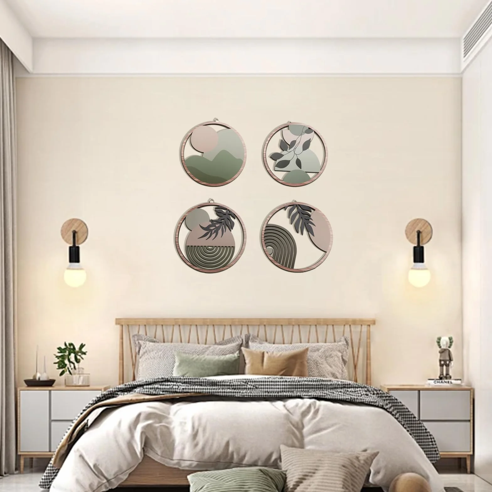 YunBey Zestaw 4 dekoracji parete w stylu boho, okrągła drewniana dekoracja botaniczna, dekoracja ścienna z nadrukiem w wysokiej rozdzielczości do salonu, sypialni, jadalni itp