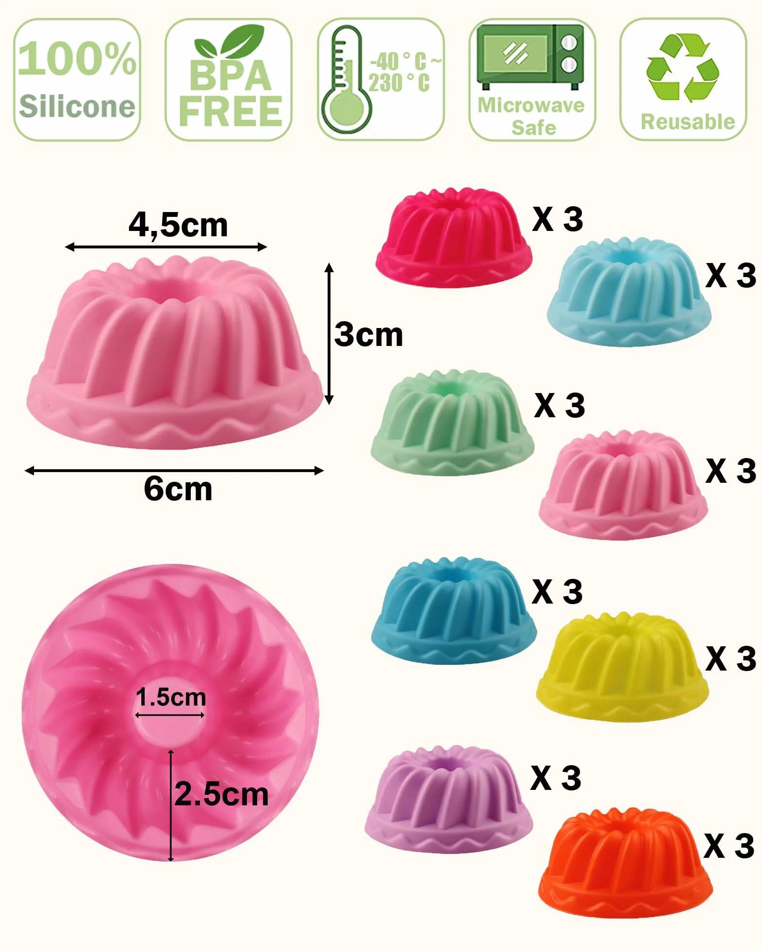 24 silikonowe formy do pieczenia babeczek, elastyczna forma do mini babeczki Ø 6,5 cm, wysokość 3,5 cm (8 kolorów)