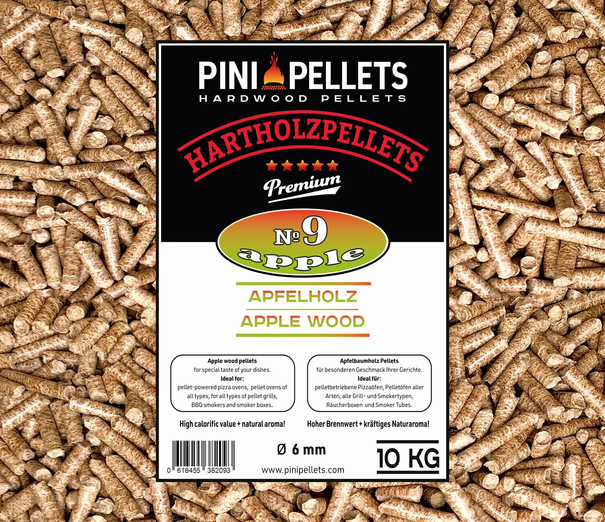 PINI Pellet grillowy № 9 jabłek 10 kg BBQ pellet z twardego drewna do grillowania, wędzenia