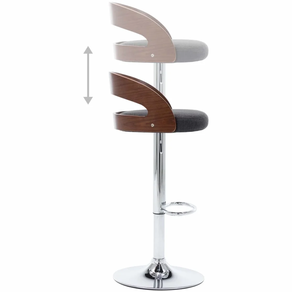 Zestaw 2 stołków barowych, ciemnoszare, krzesła z tkaniny i zakrzywionego drewna, regulowana wysokość z podnóżkiem, wytrzymała metalowa rama, nowoczesny design do kuchni lub pokoju