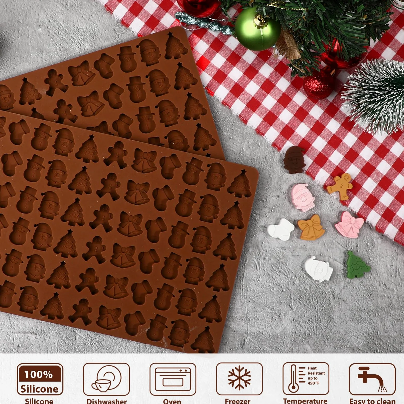 Webake Świąteczne foremki do czekolady, silikonowe formy żelowe, 2 szt., 72 wnęki, mini piernik, forma, choinka, bałwan, Boże Narodzenie, pończocha, dzwonki, formy do żelowych ciasteczek cukierkowych