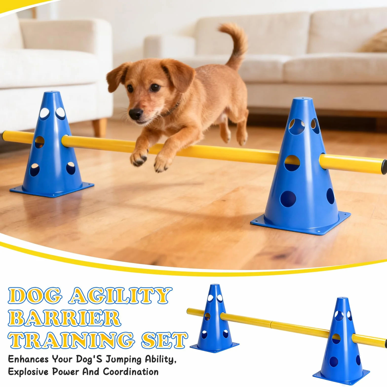 Agility Zestaw praktycznych przeszkód wtykowych dla psów, duże płotki Cavaletti, zestaw płotek dla, regulowane płotki do gry w piłkę nożną, sporty konne (8 stożków o wysokości 23 cm + 8 drążków