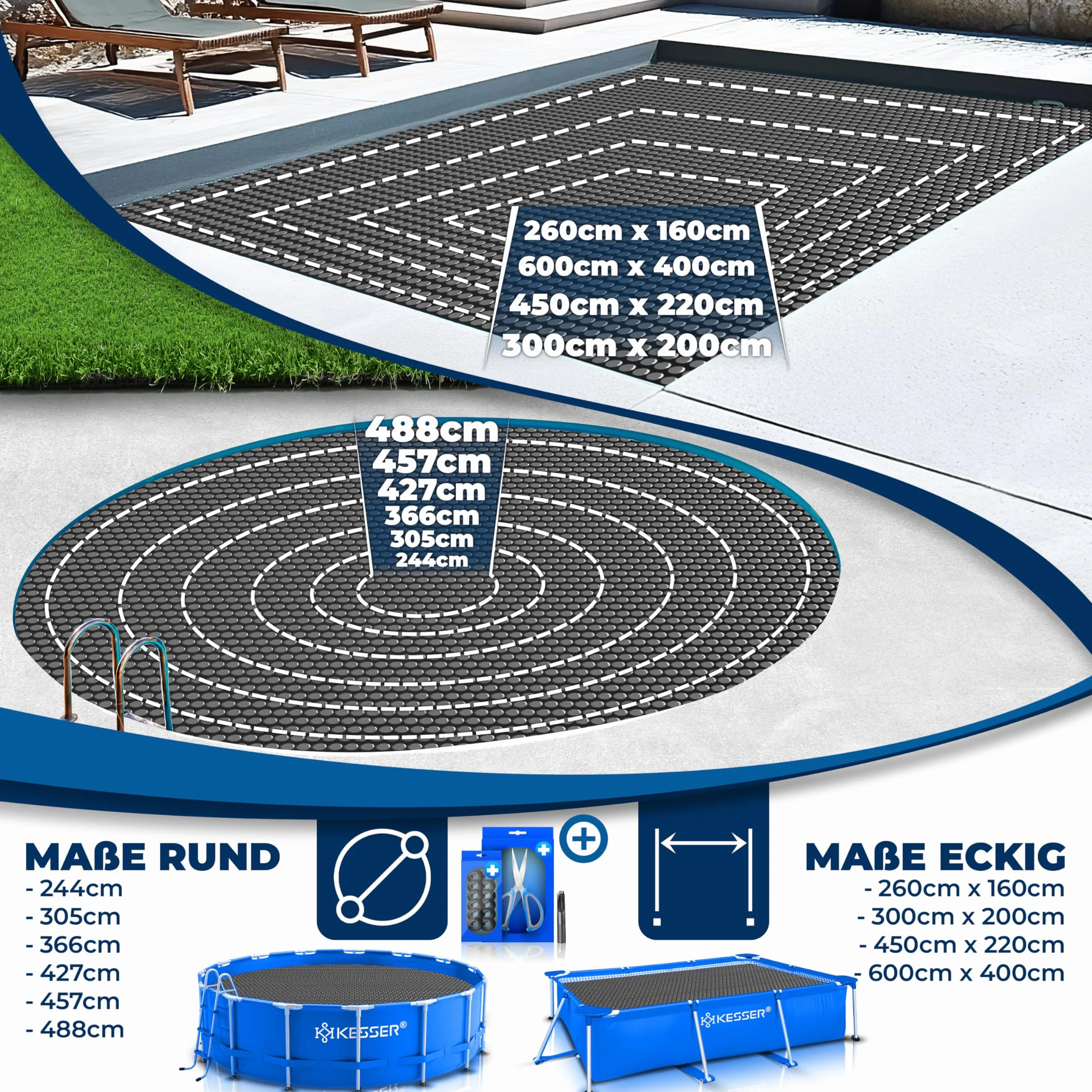 KESSER® Folia solarna do basenu 400 µm, okrągła plandeka solarna 488 cm, plandeka solarna z możliwością elastycznego przycięcia, plandeka basenowa do podgrzewania wody, osłona solarna z nożyczkami
