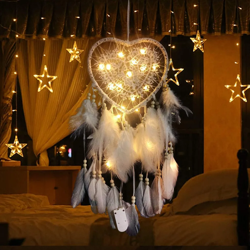 łapacz snów w stylu boho, w kształcie serca, ręcznie wykonany, lampa LED, ozdoba na ścianę, romantyczna dekoracja (kolor biały, z lampkami)