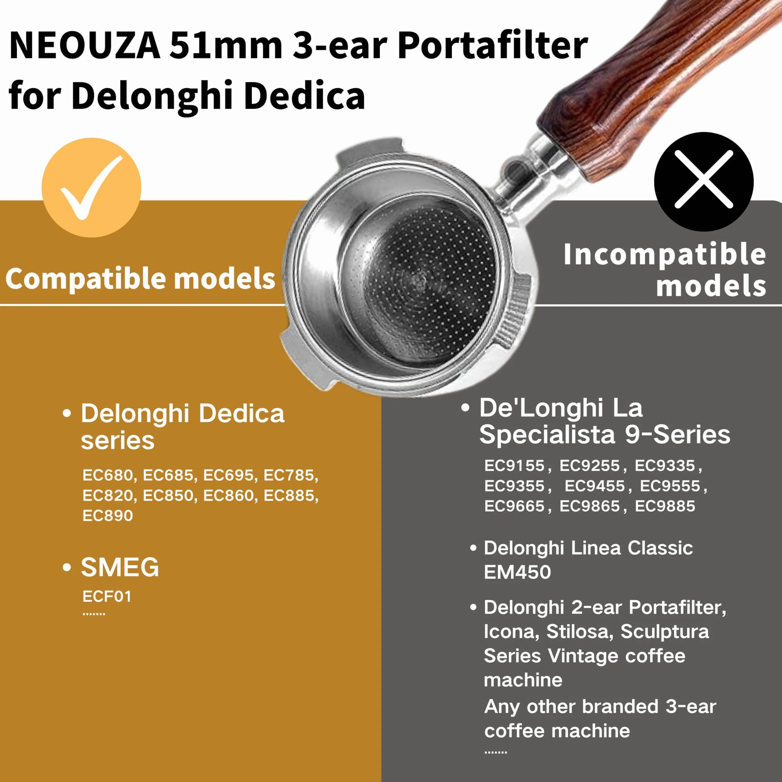 NEOUZA Portafilter do espresso, 51 mm, kompatybilny z ekspresem do kawy DeLonghi Dedica EC680 EC685 Smeg, kosz, bez ciśnienia, podwójne wylewki (3 uszy)