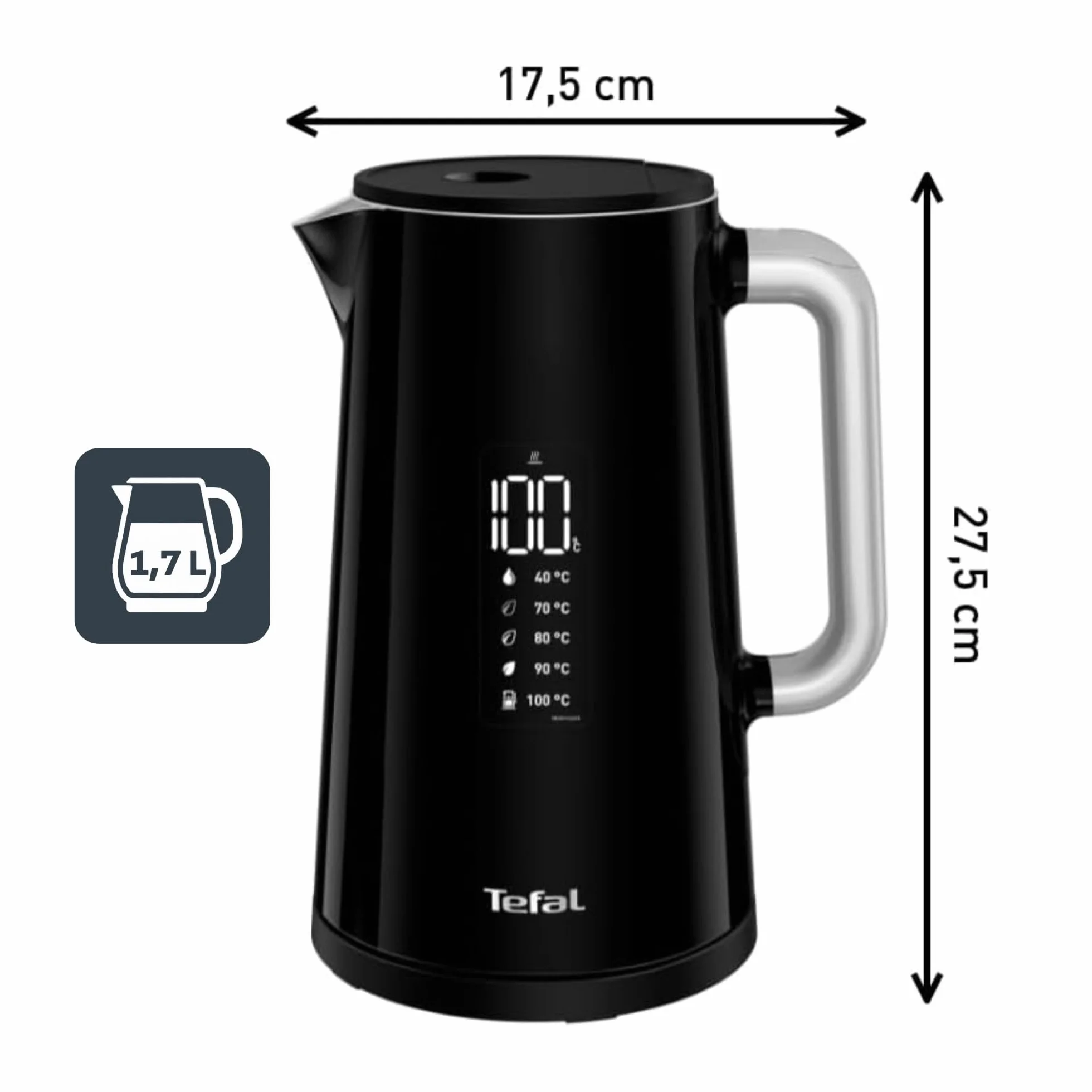 Tefal KO8508 Smart & Light Czajnik Elektryczny pojemność 1.7 l, cyfrowy wyświetlacz, opcje wyboru temperatury wody