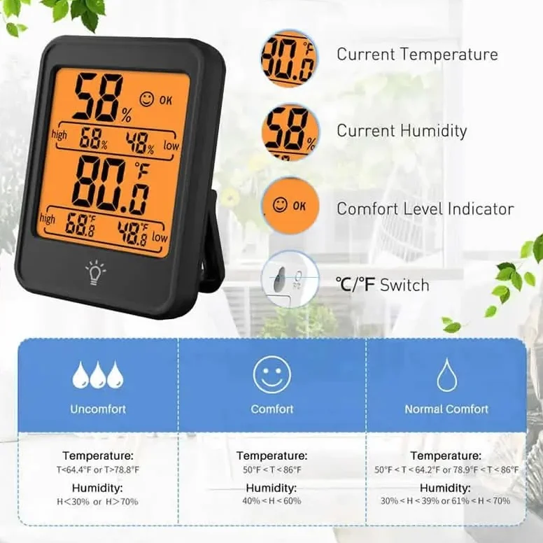 Cyfrowy termohigrometr z dużym ekranem LCD, wewnętrzny termometr z higrometrem, czarny