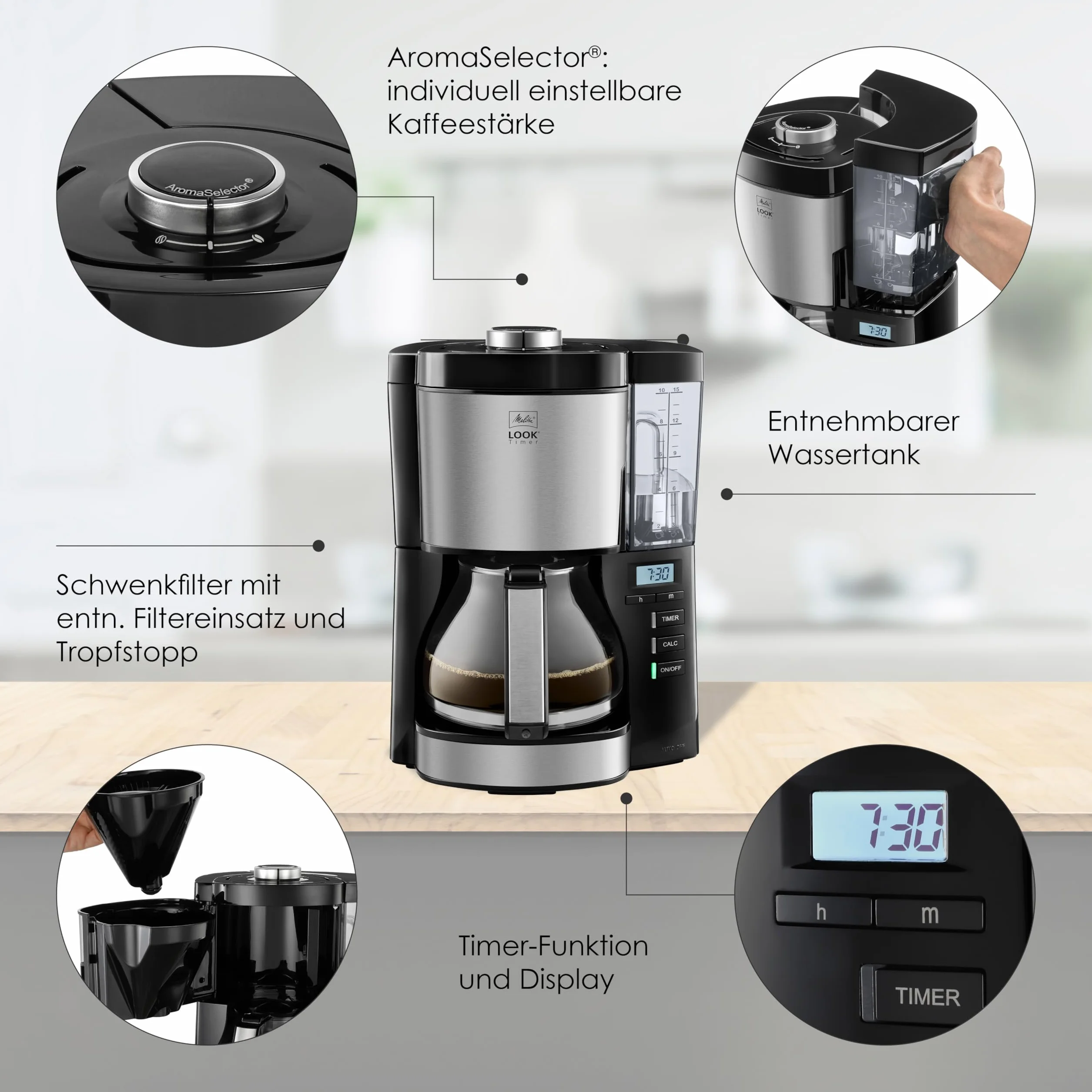Melitta Look Timer – przelewowy ekspres do kawy – ze szklanym dzbankiem – funkcja timera – zatrzymanie kapania – 10 filiżanek – czarny (1025-08)