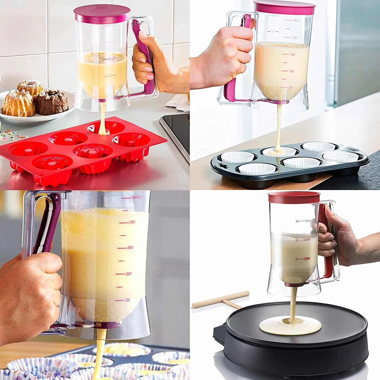 Dozownik do ciasta z pokrywką i skalą, do samodzielnego pieczenia ciasta, do ciast, naleśników, muffinek, 900 ml