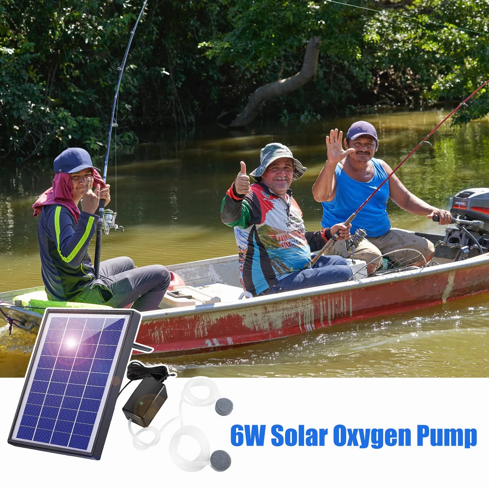 Andoer Staw utleniacz zasilany energią słoneczną 6 W Solarna pompa tlenowa do akwarium utleniacz do akwarium napowietrzacz tlenu pompa powietrza napowietrzacz wędkarski z rurą 2 kamienie bąbelkowe do