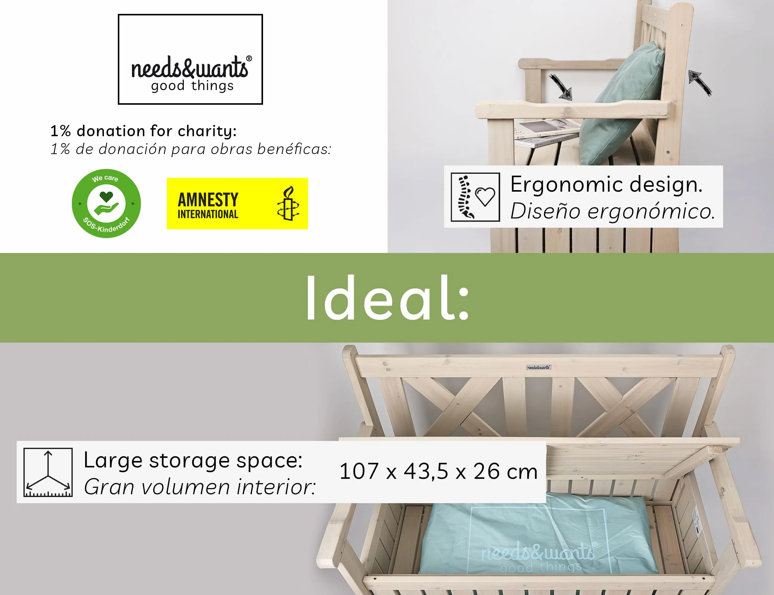 needs&wants® Ławka ogrodowa, drewniana, odporna na warunki atmosferyczne, z miejscem do przechowywania i pokrowcem, 2-osobowa ławka drewniana, klasyczna, ławka parkowa, ławka do siedzenia z litego
