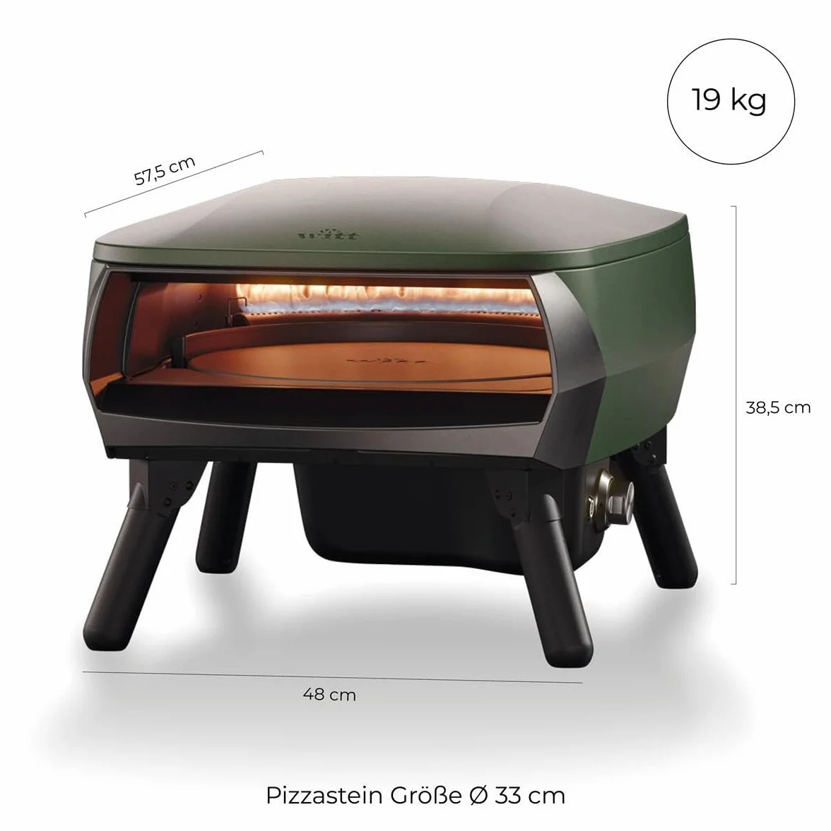 Witt Etna Piccolo obrotowy piec do pizzy do włoskiej pizzy lub tarta, obrotowy kamień do pizzy, kolor: zielony, kompaktowa konstrukcja, aluminiowa obudowa, 1 palnik gazowy w kształcie litery C